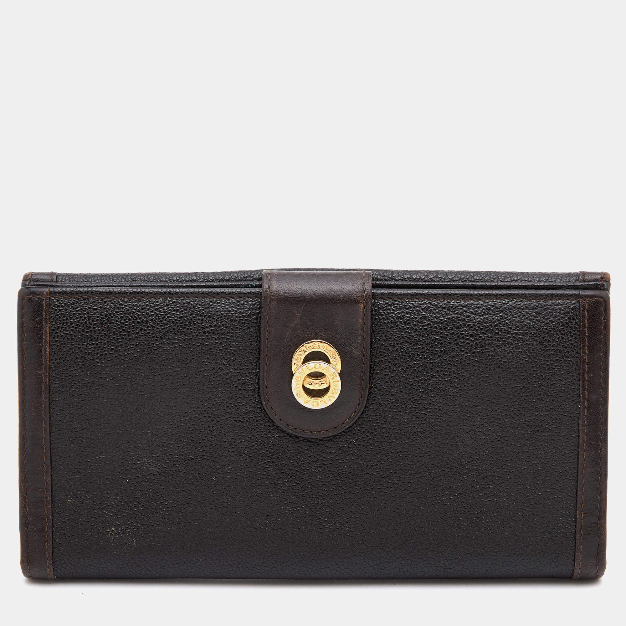 Pre Owned Bvlgari Dark Brown Leather Flap Continental Wallet