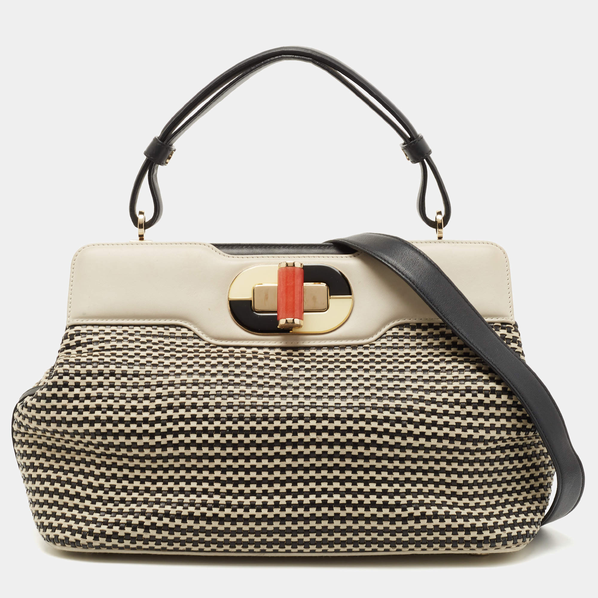 Pre Owned Bvlgari Black/White Woven Leather Isabella Rossellini Top Handle Bag