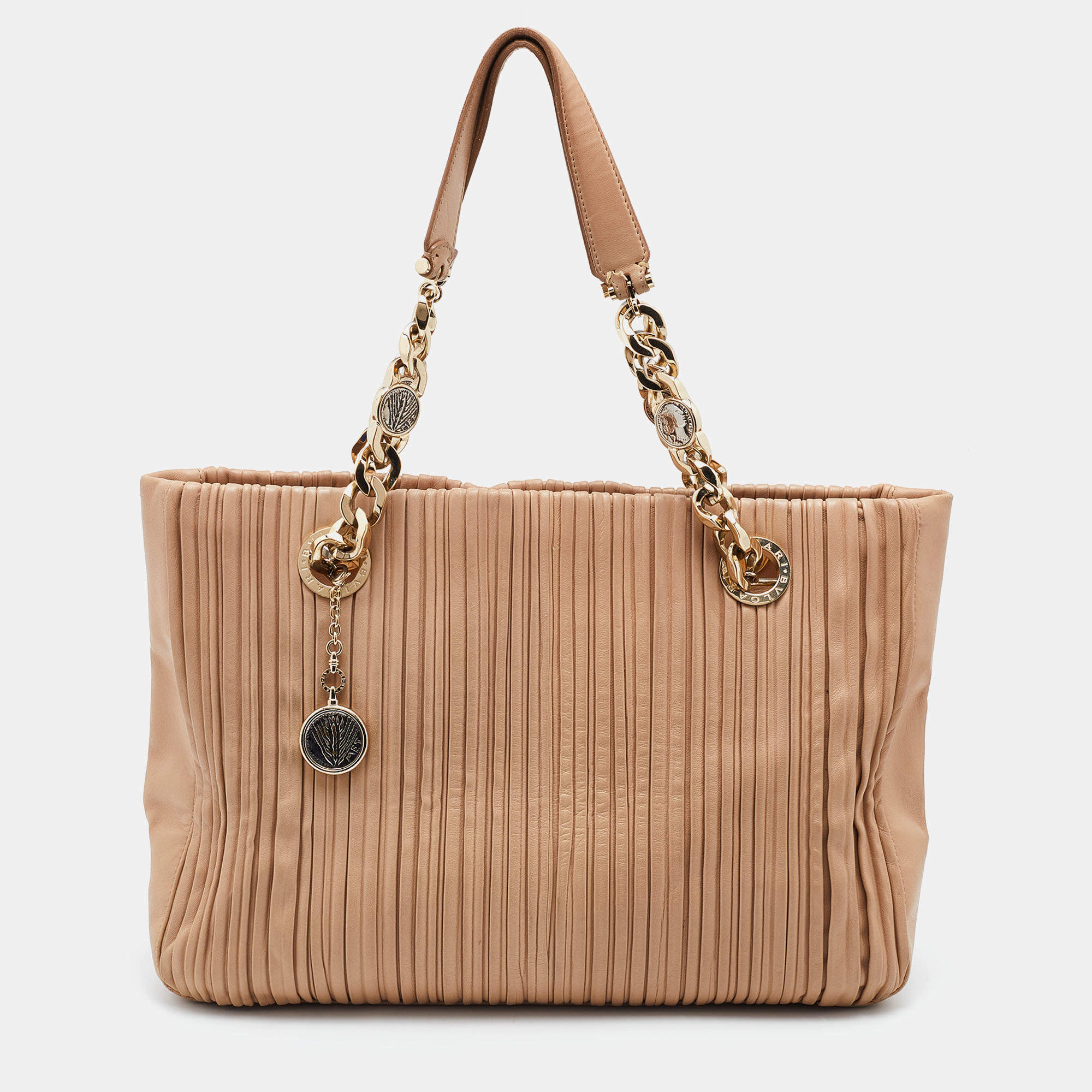 Pre Owned Bvlgari Beige Leather Monte Plisse Shopper Tote