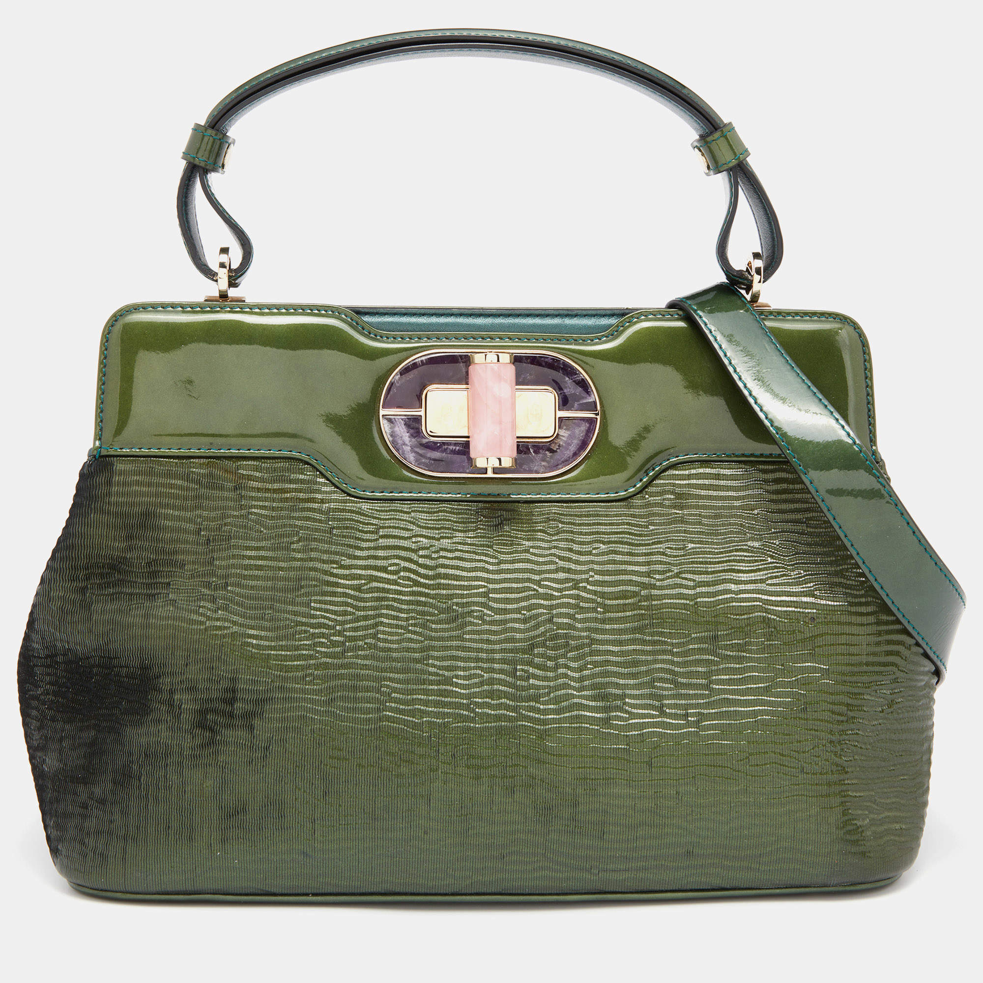Pre Owned Bvlgari Green Patent Leather Isabella Rossellini Top Handle Bag