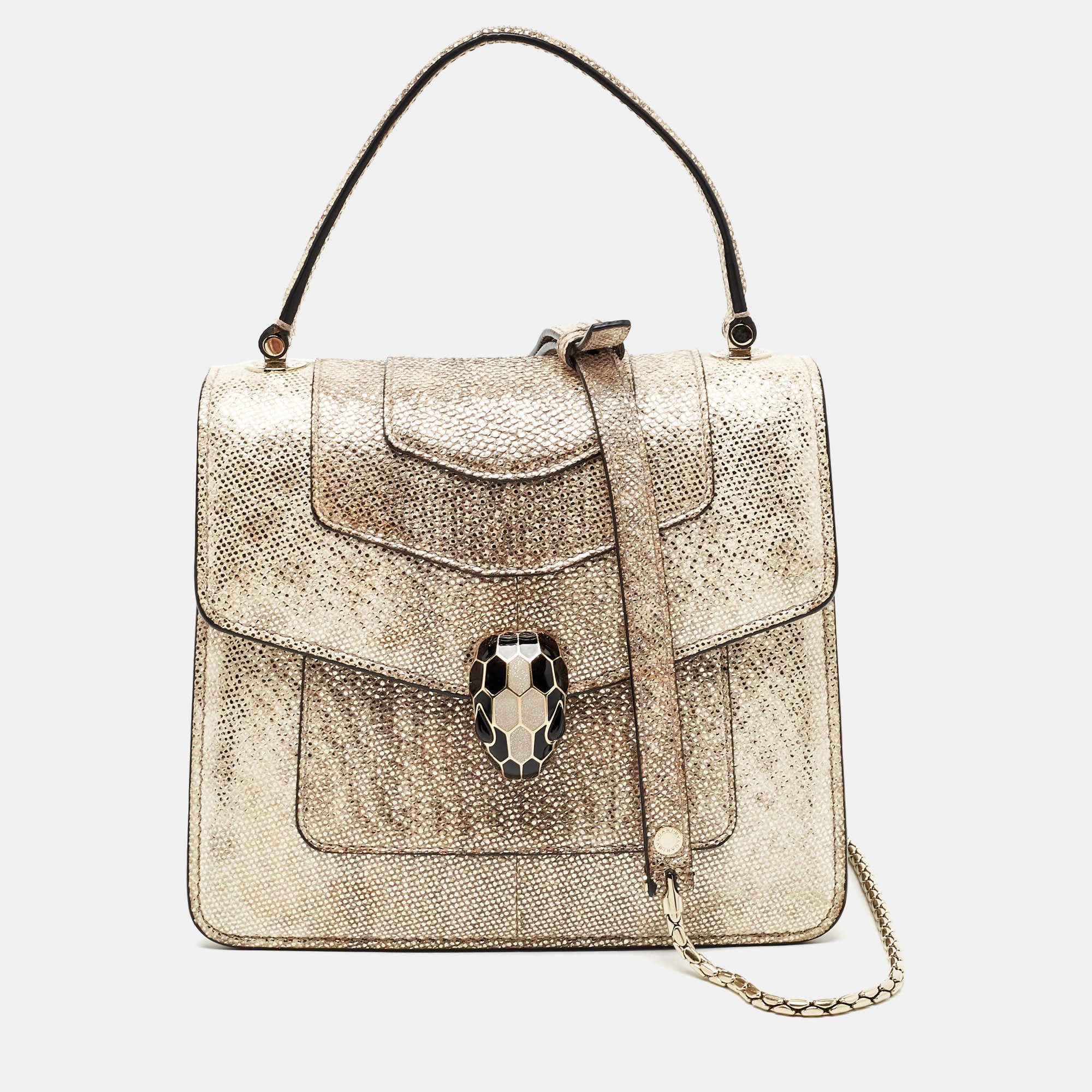 Pre Owned Bvlgari Metallic Gold/Light Beige Karung Leather Small Serpenti Forever Top Handle Bag