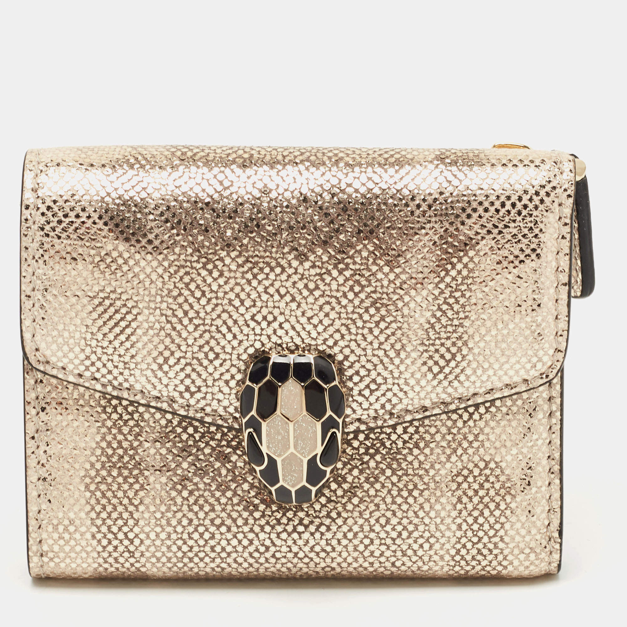 Pre Owned Bvlgari Gold Karung Leather Serpenti Forever Trifold Wallet