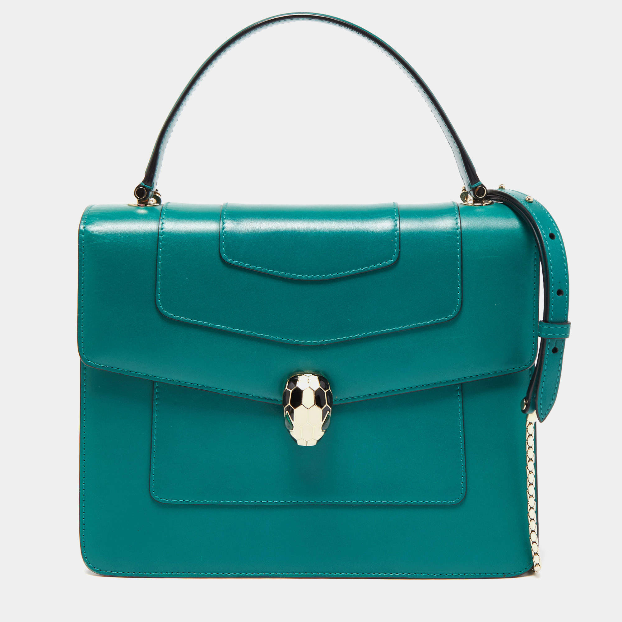 Pre Owned Bvlgari Green Malachite Leather Serpenti Forever Top Handle Bag