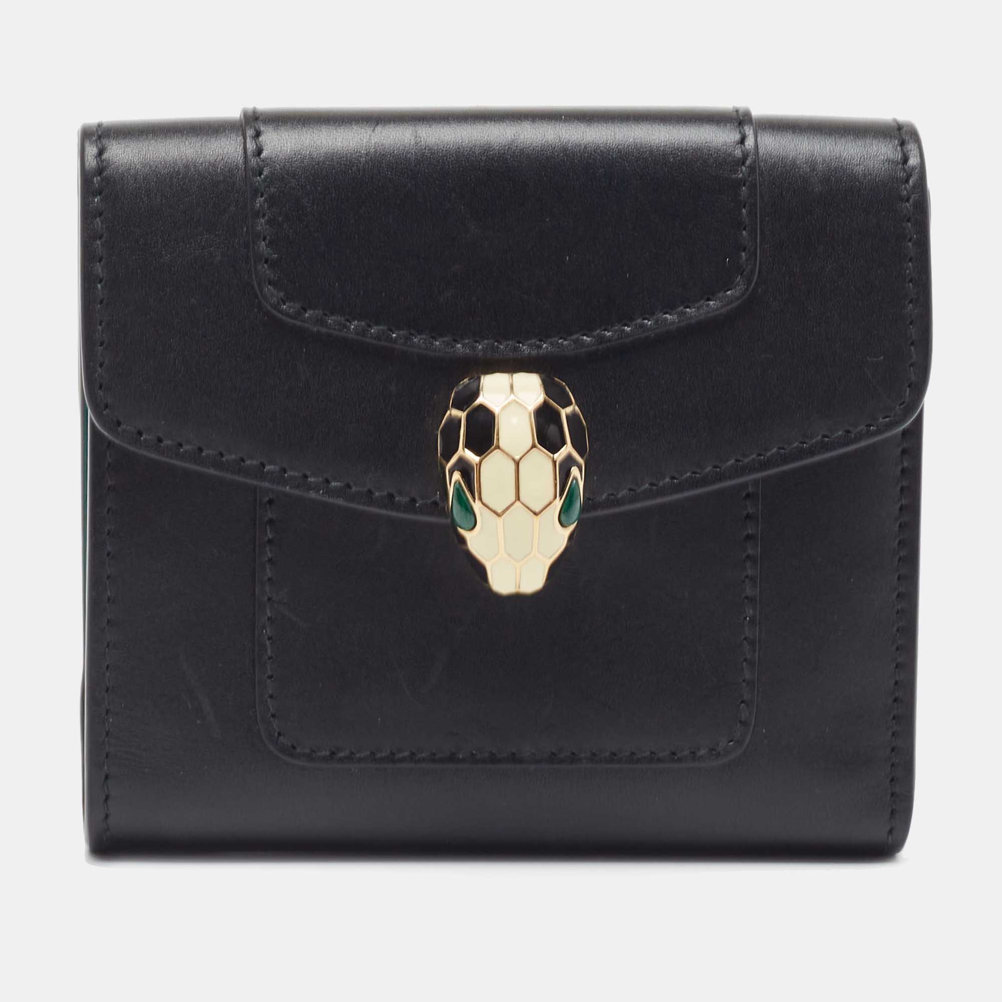 Pre Owned Bvlgari Black Leather Serpenti Forever Double Flap Compact Wallet
