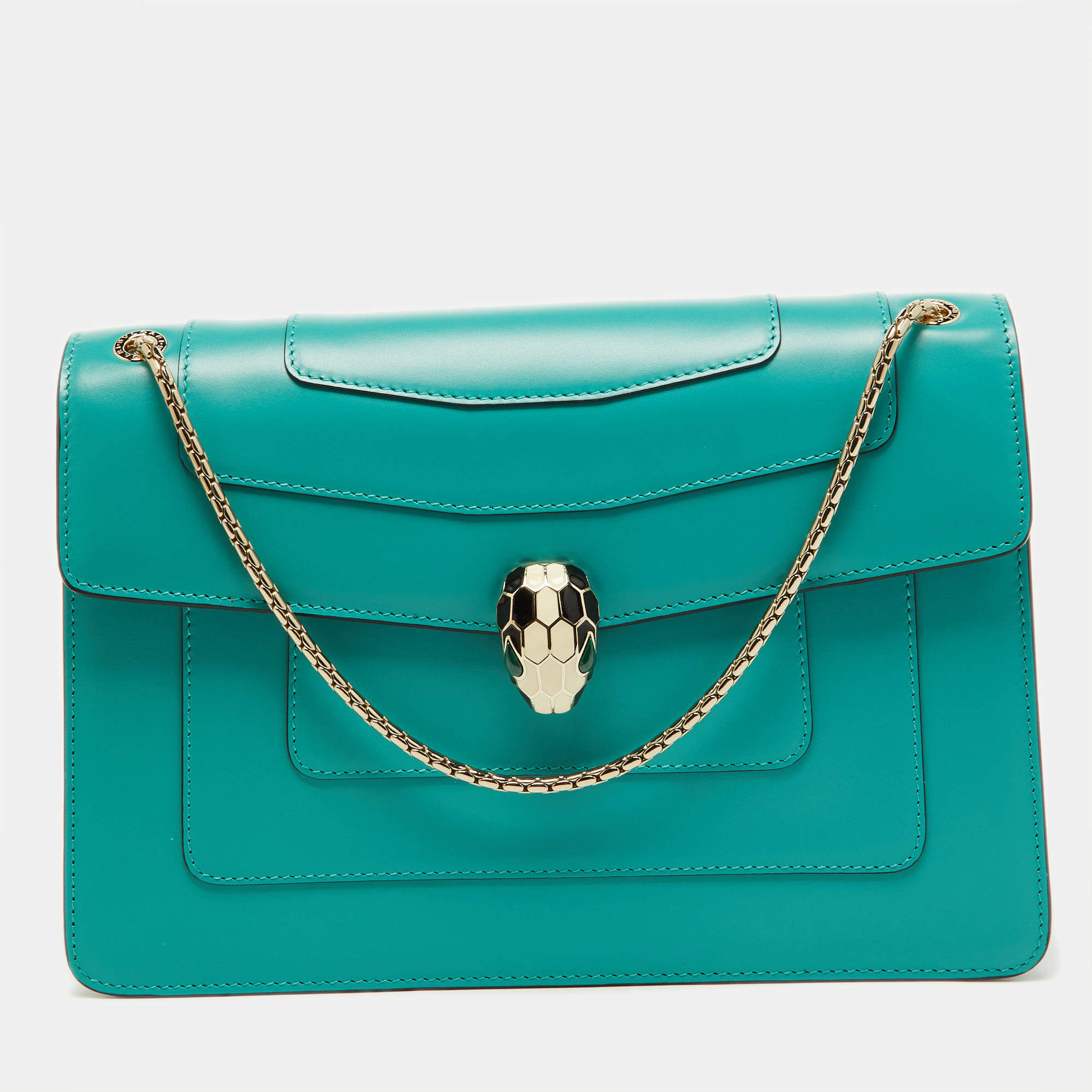 Pre Owned Bvlgari Green Leather Medium Serpenti Forever Flap Shoulder Bag