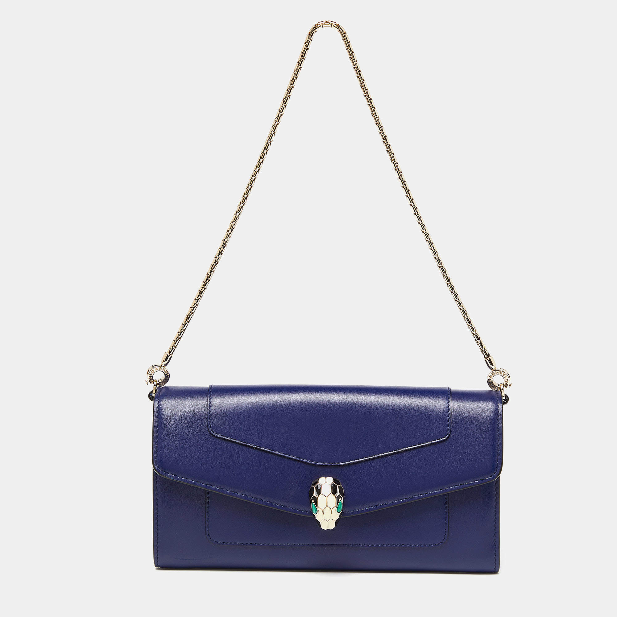 Pre Owned Bvlgari Blue Leather Serpenti Forever Flap Wallet on Chain