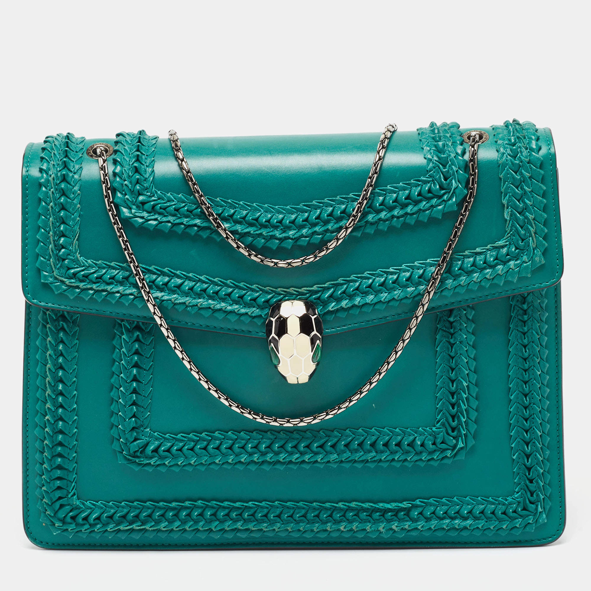مملوكة مسبقًا Bvlgari Green Leather Large Ruffled Serpenti Forever Shoulder Bag