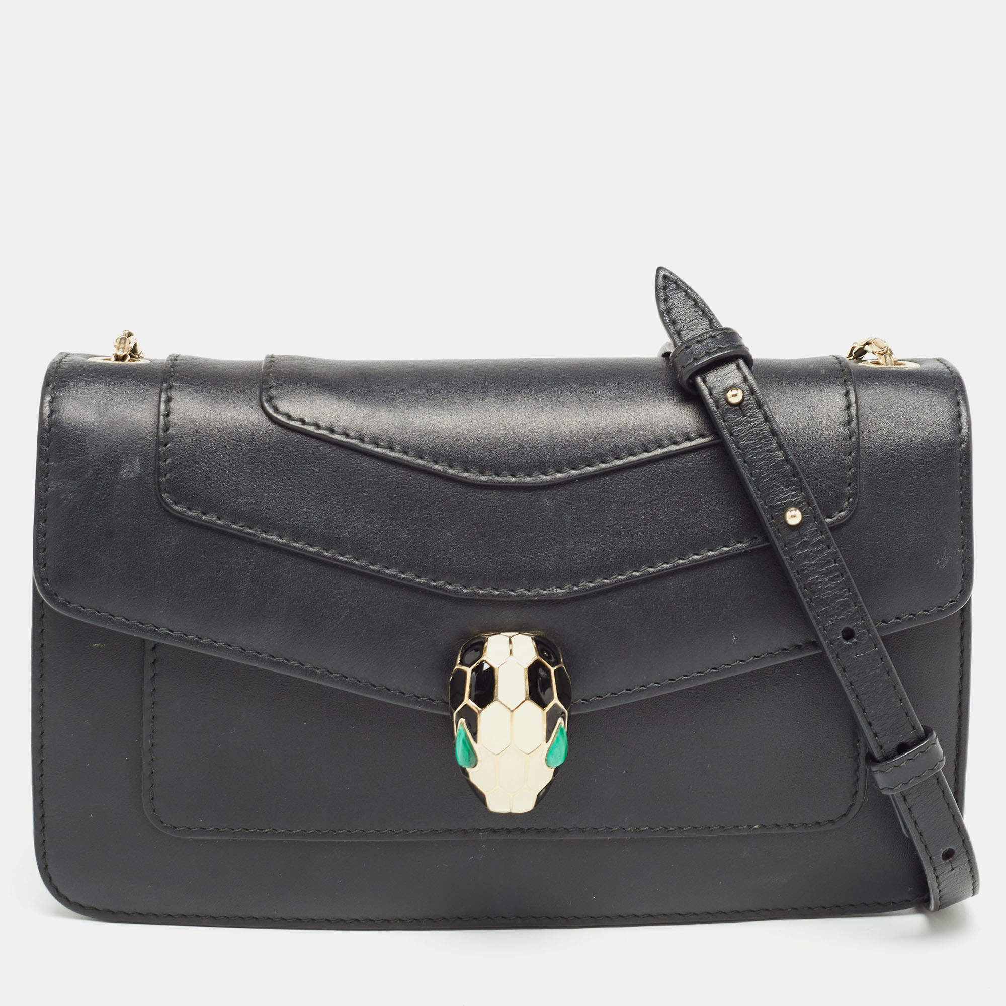 Pre Owned Bvlgari Black Leather Serpenti Forever Flap Chain Shoulder Bag