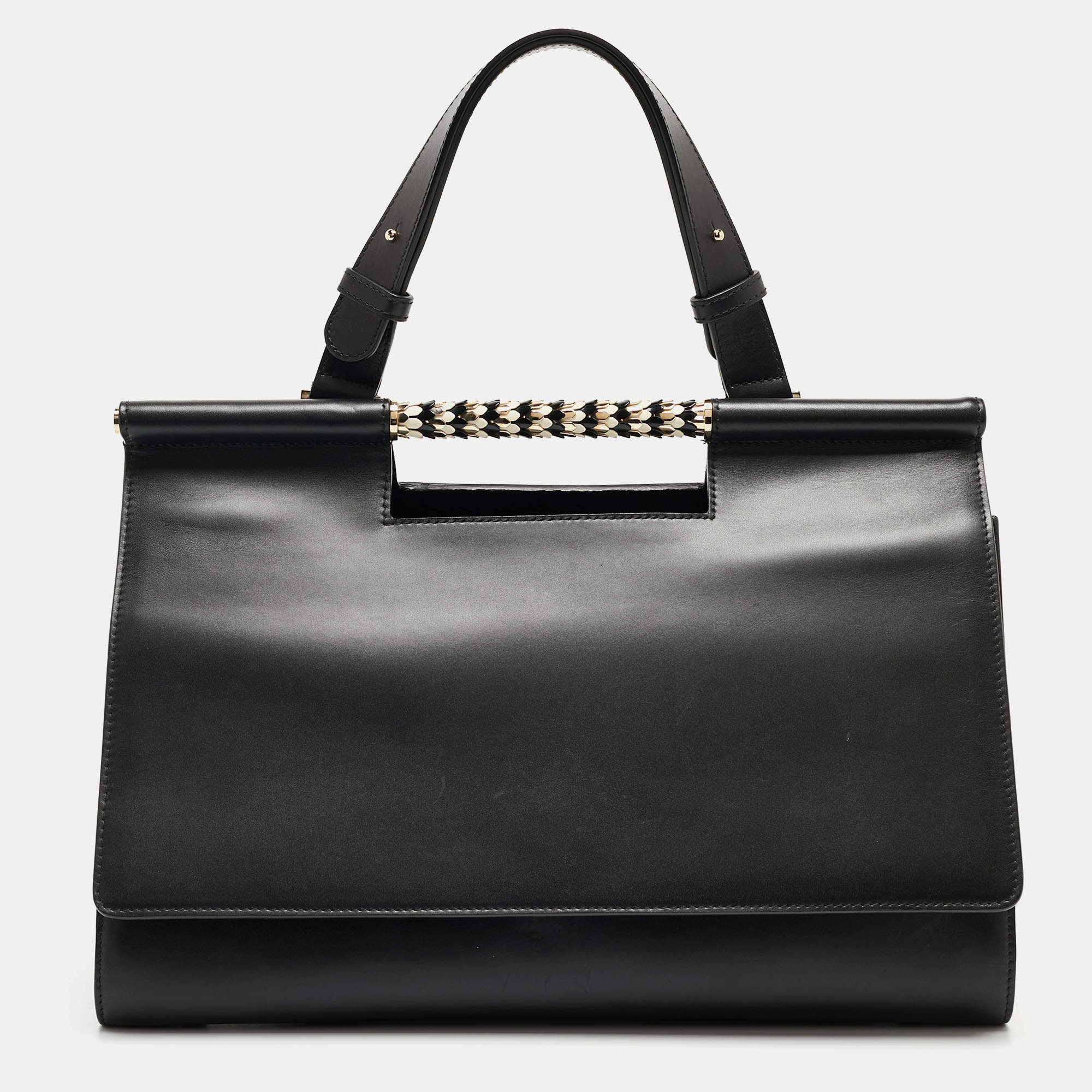 Pre Owned Bvlgari Black Leather and Leopard Print Calfhair Scaglie Serpenti Tote