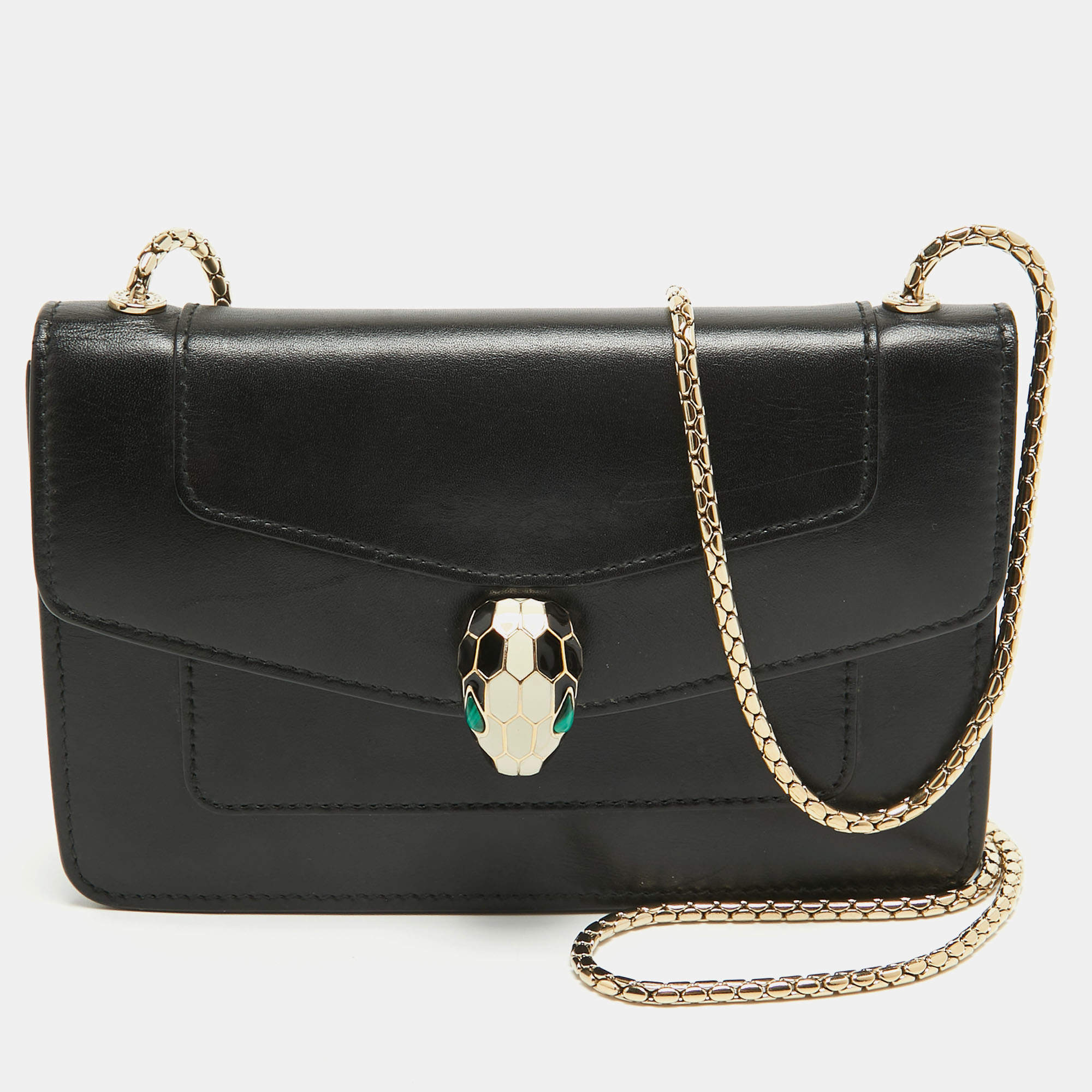 Pre Owned Bvlgari Black Leather Serpenti Forever Wallet on Chain