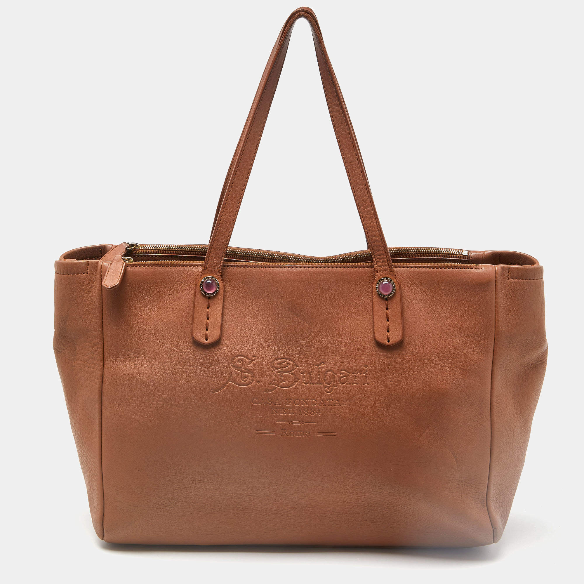 Pre Owned Bvlgari Brown Leather Double Zip Shopper Tote