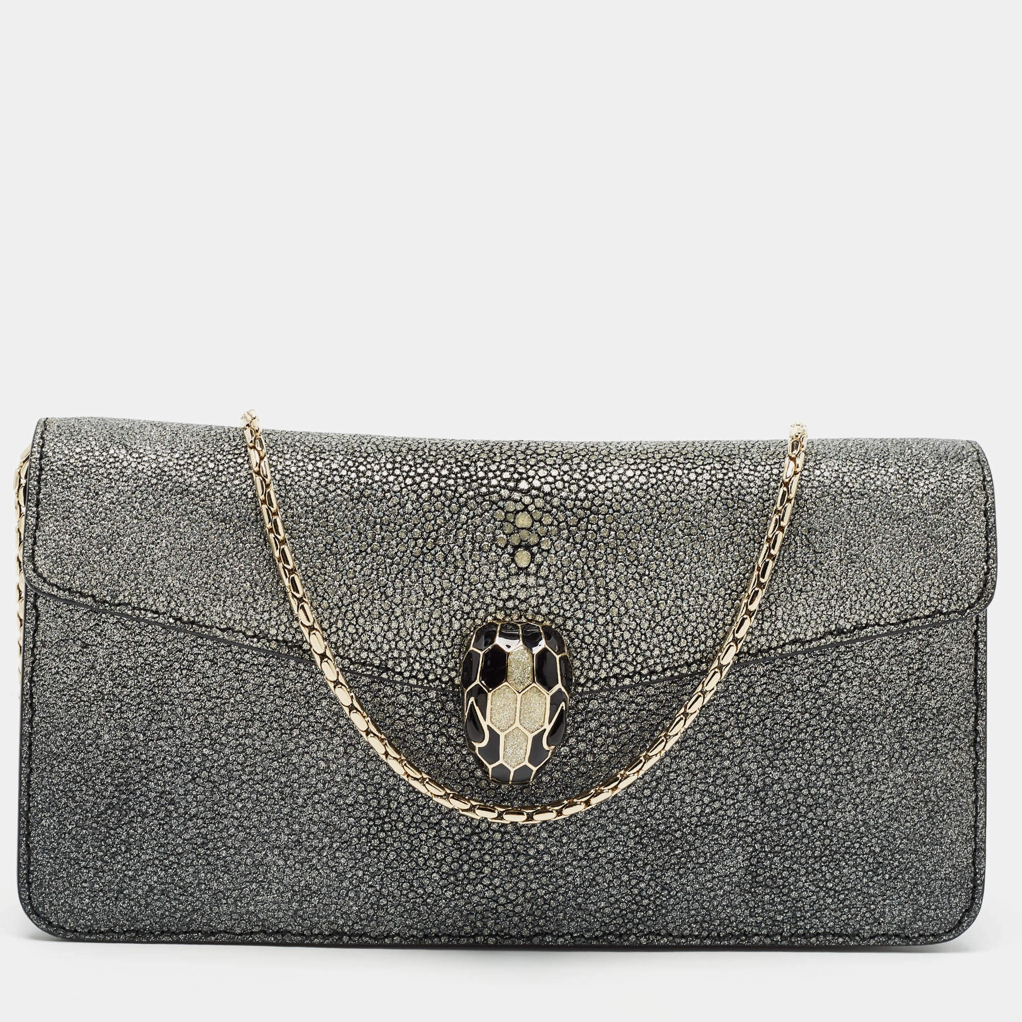 Pre Owned Bvlgari Grey Stingray and Leather Serpenti Forever Chain Clutch