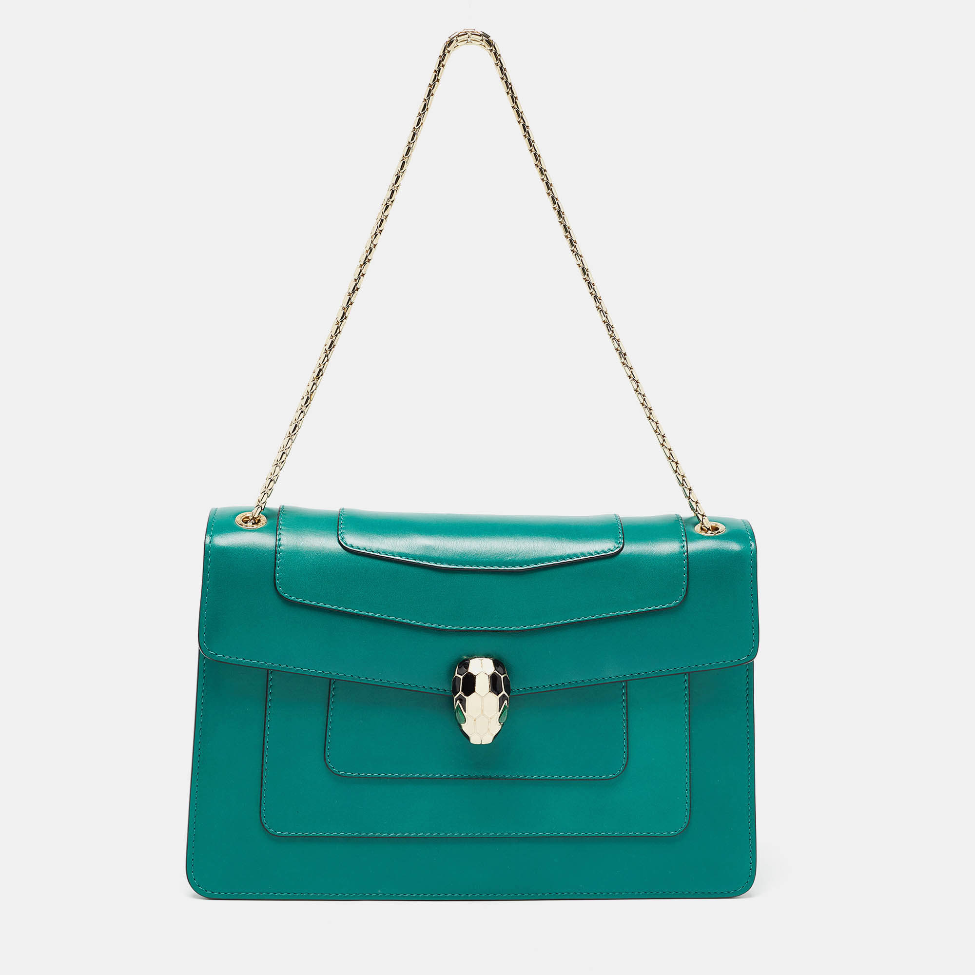 Pre Owned Bvlgari Green Leather Medium Serpenti Forever Flap Shoulder Bag