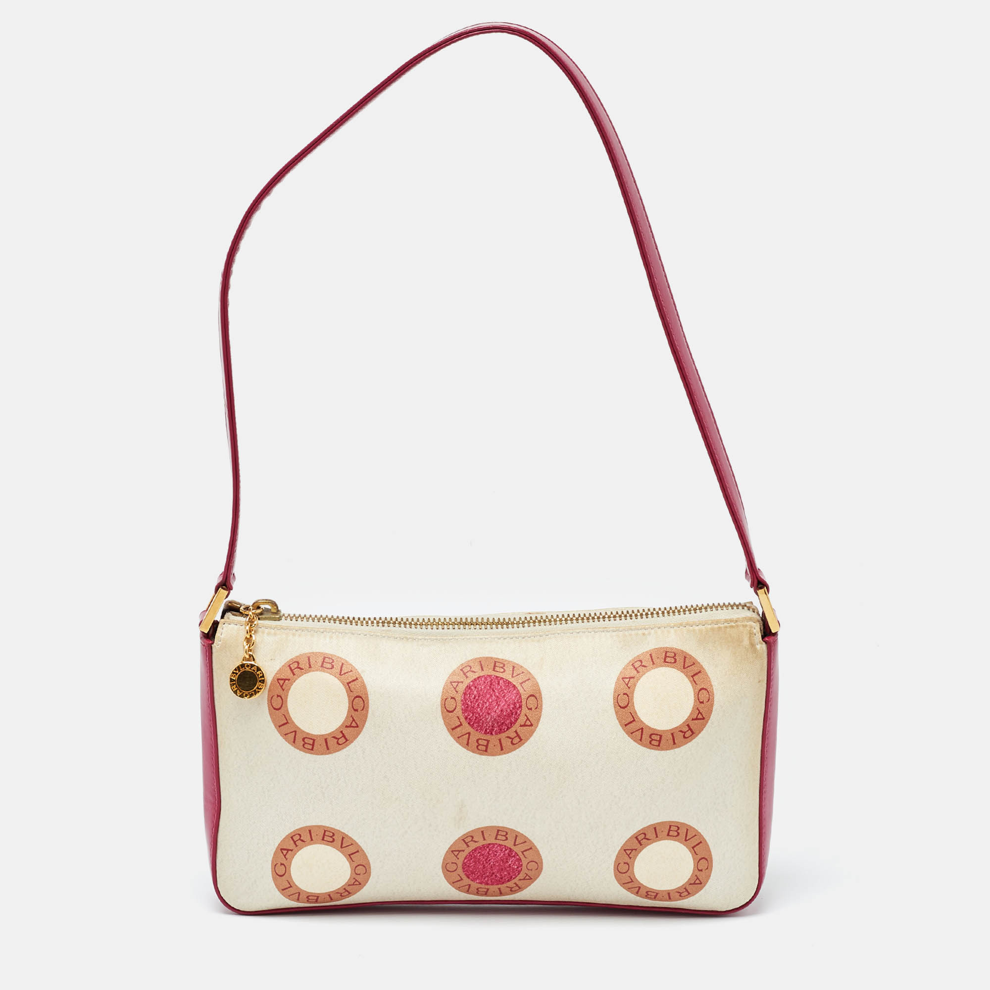 Pre Owned Bvlgari Pink/White Printed Satin and Leather Baguette Bag