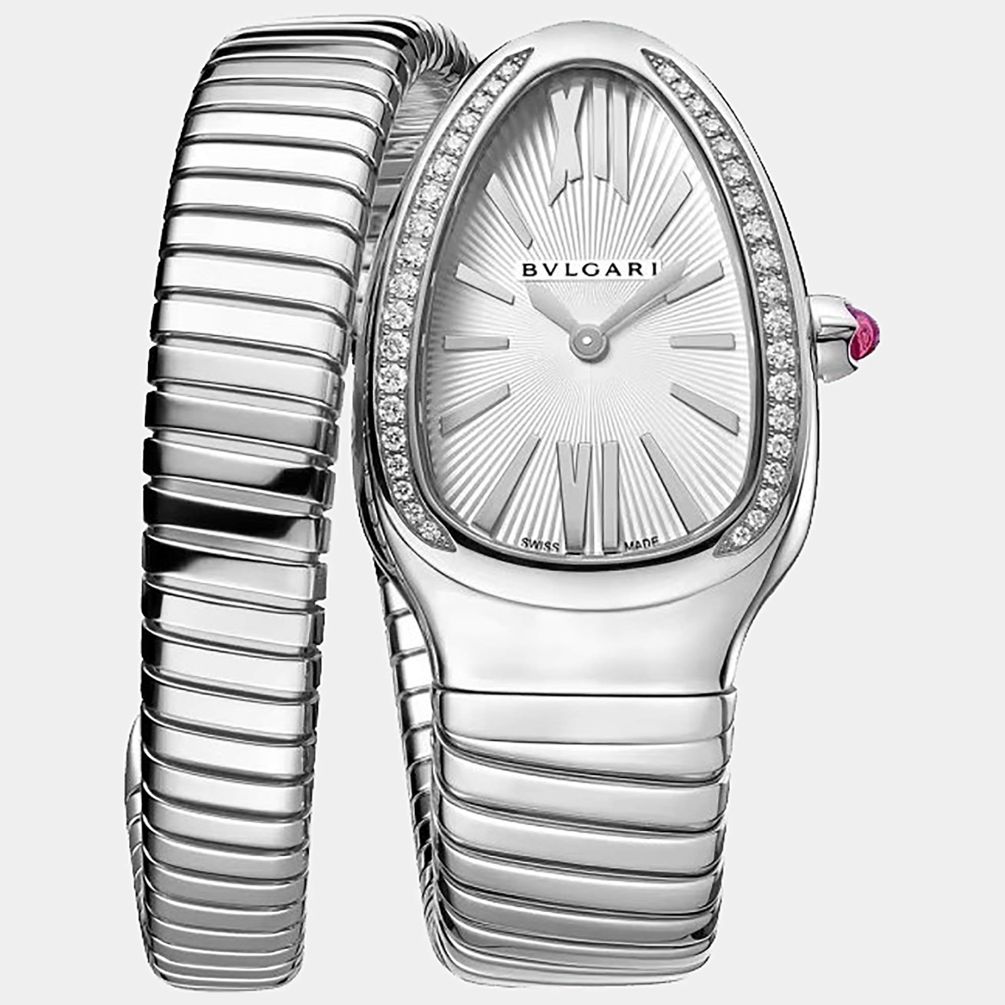 Bvlgari White Stainless Steel Diamond Serpenti Tubogas Women's Wristwatch 35 mm