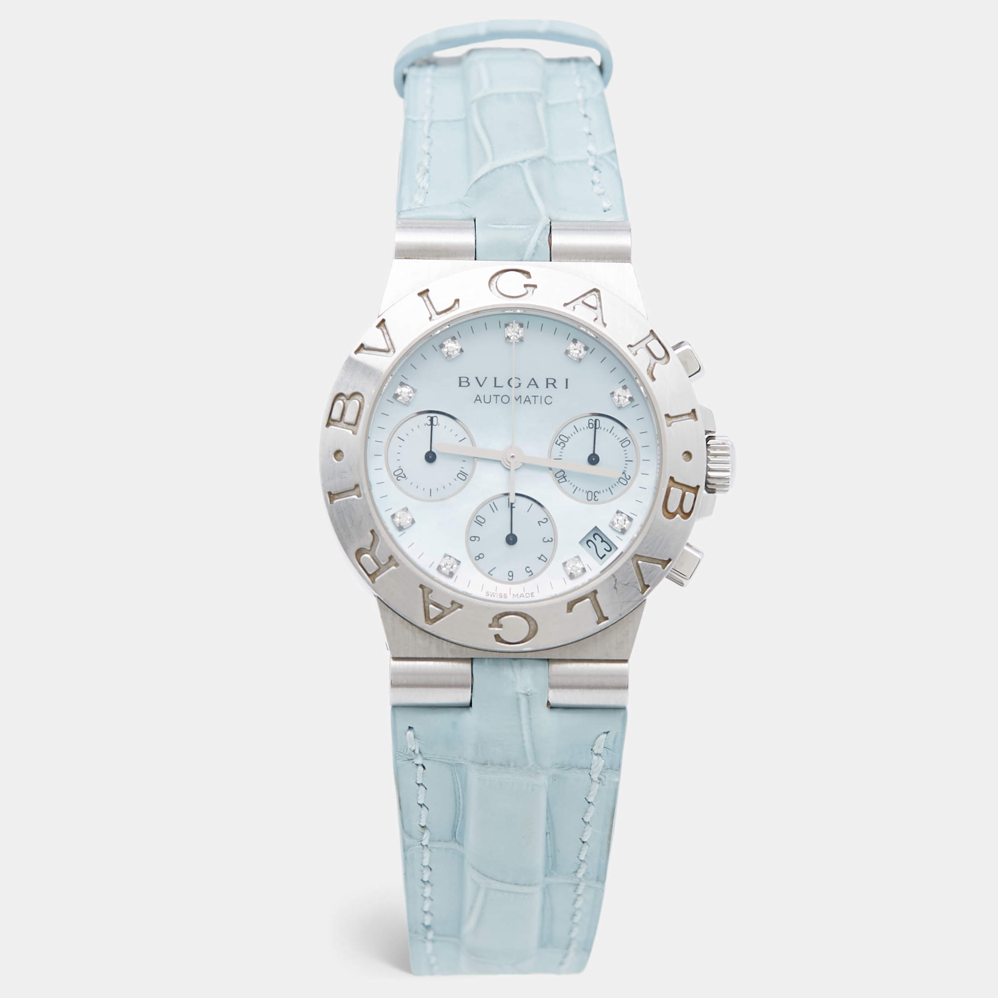 Bvlgari Blue Mother Of Pearl Diamond Stainless Steel Alligator Leather Diagono CH 35 S AUTO Women's Wristwatch 35 mm