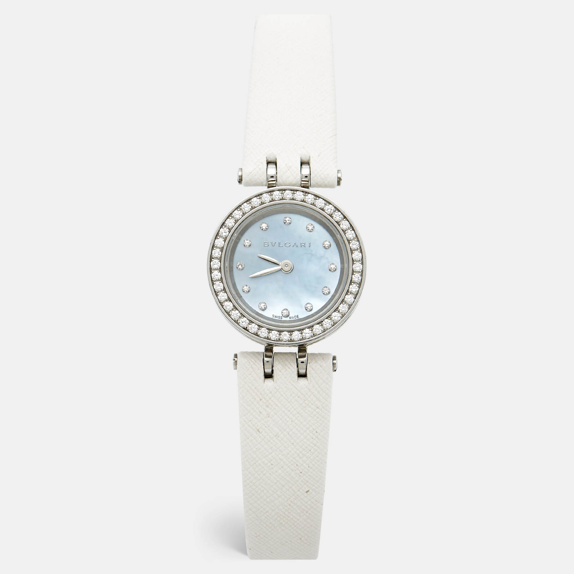 Pre Owned Bvlgari Blue Mother of Pearl Diamond Stainless Steel Leather B.Zero1 BZ23S Women's Wristwatch 23 mm
