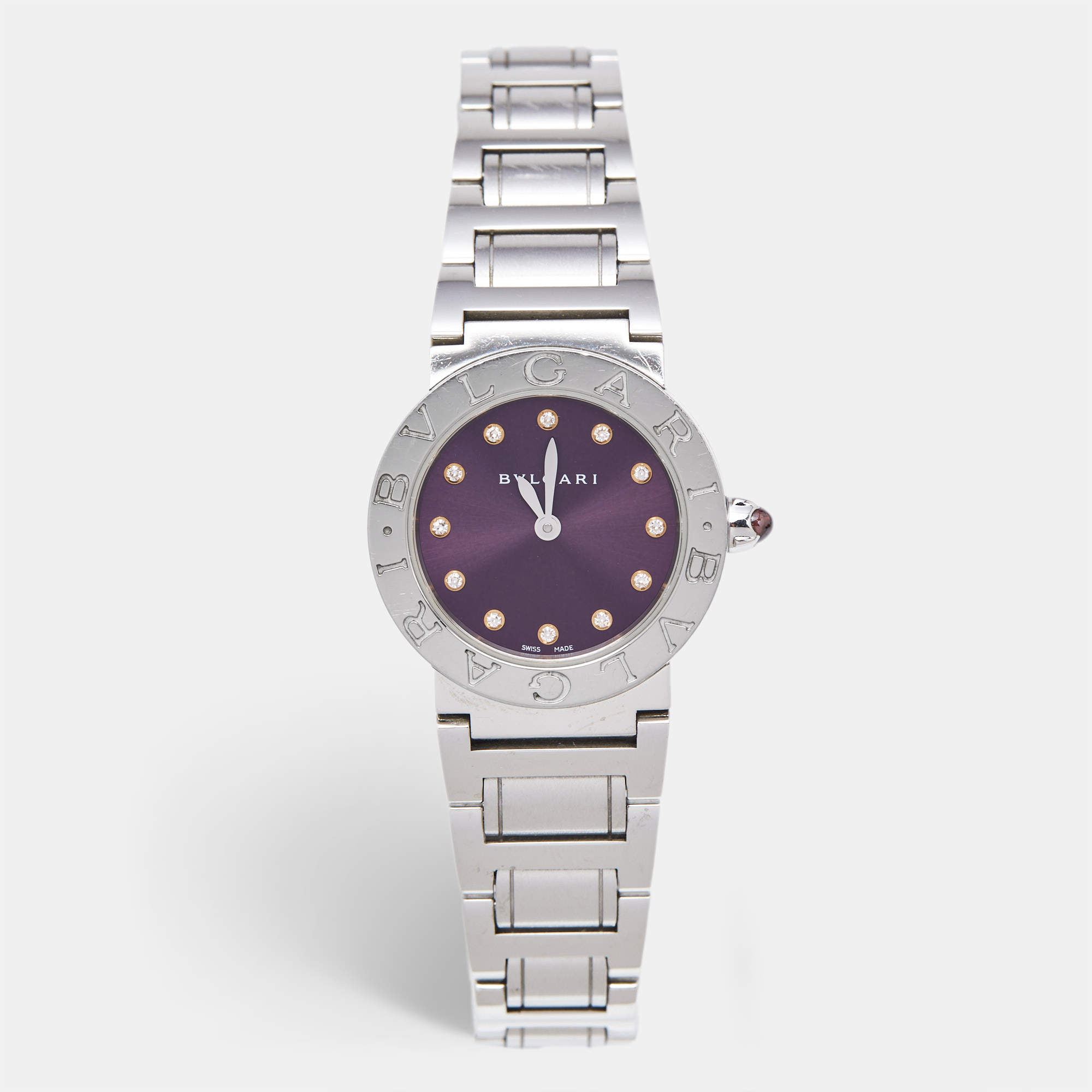 Pre Owned Bvlgari Purple Diamond Stainless Steel Bvlgari Bvlgari 102606 Women's Wristwatch 26 mm
