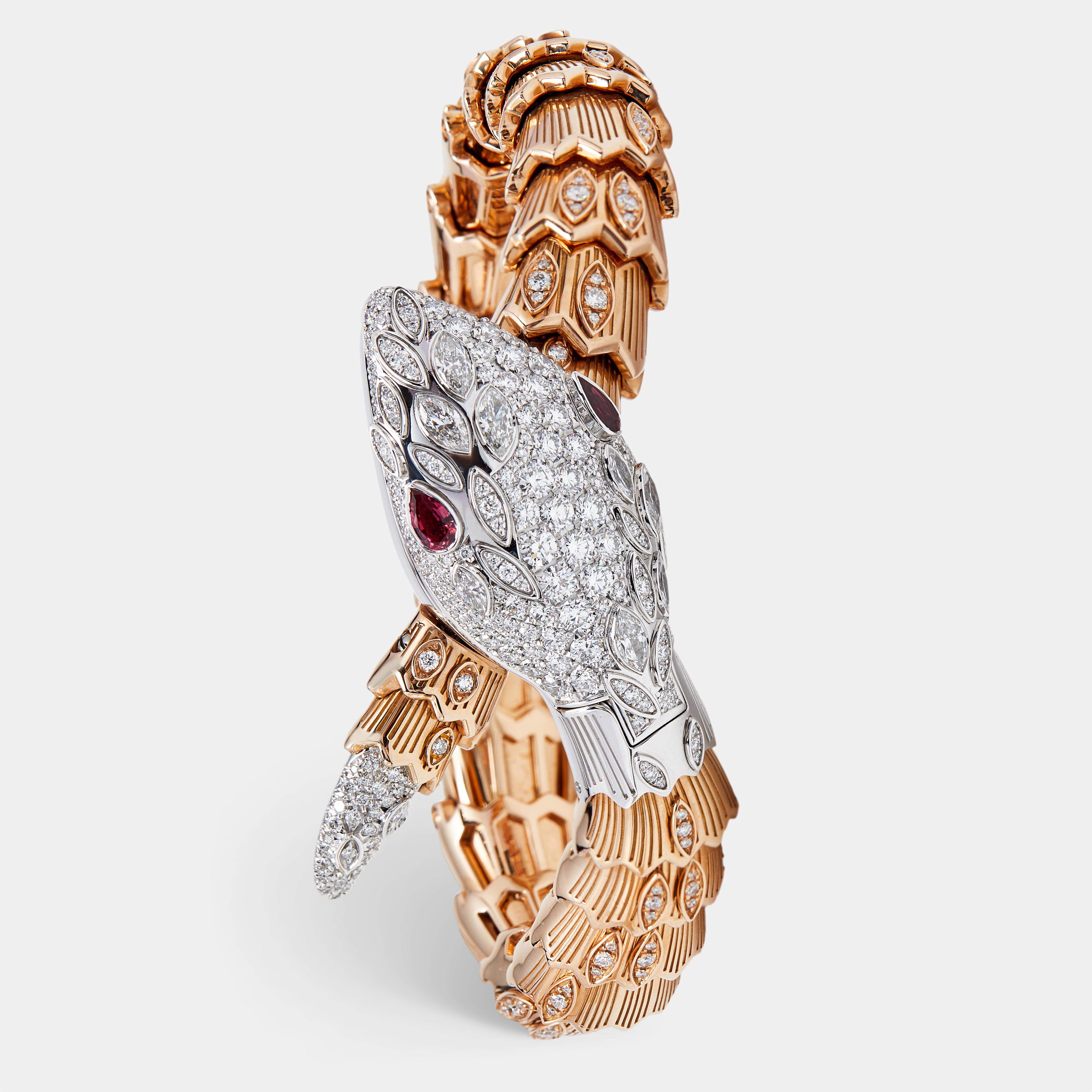 Pre Owned ساعة يد نسائية بلغاري سيربنتي 102239 ذهب عيار 18 ثنائي اللون وباقوت وألماس فضية 40 مم