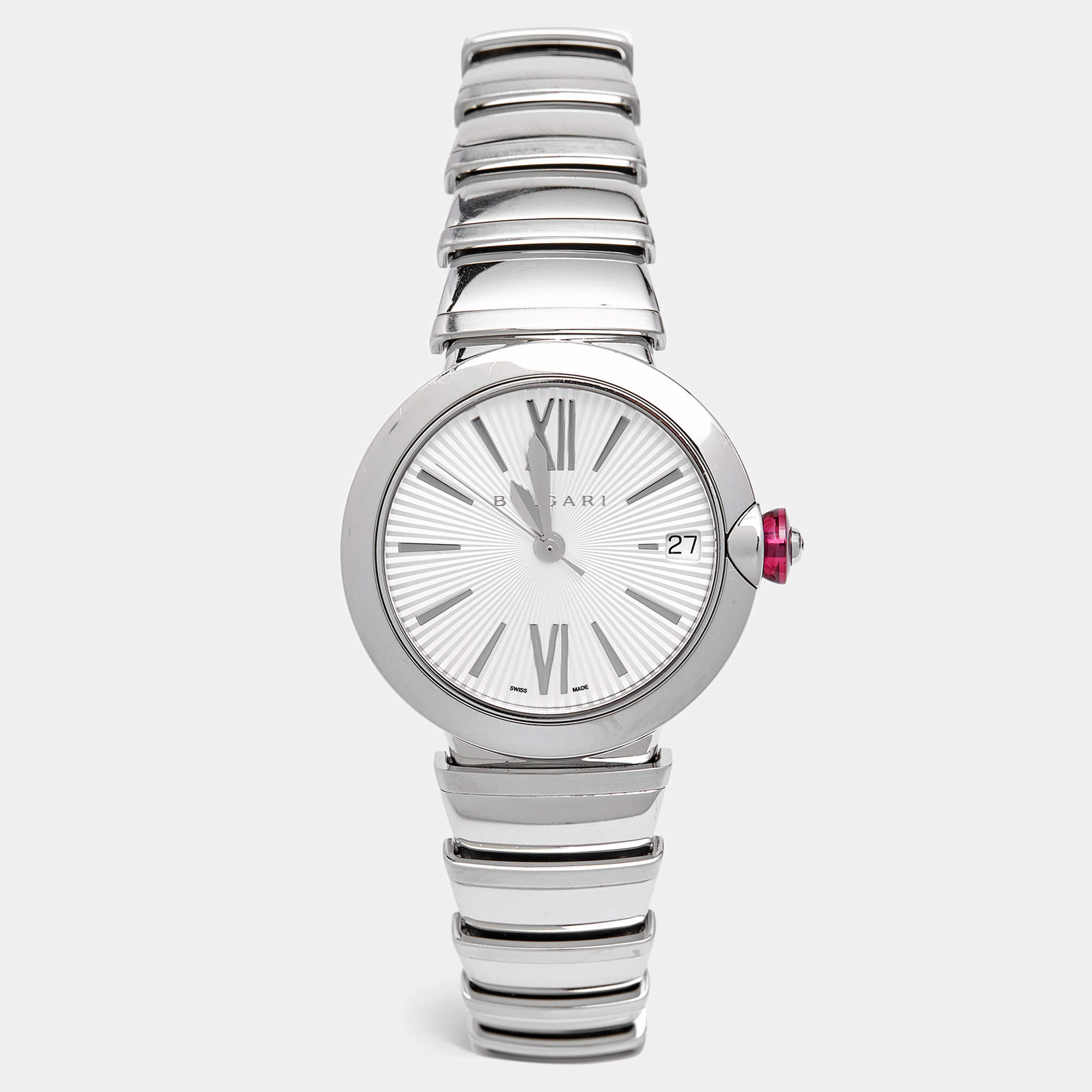 Pre Owned Bvlgari Silver Dial Stainless Steel Diamond Lvcea 102219 Women's Wristwatch 33 mm