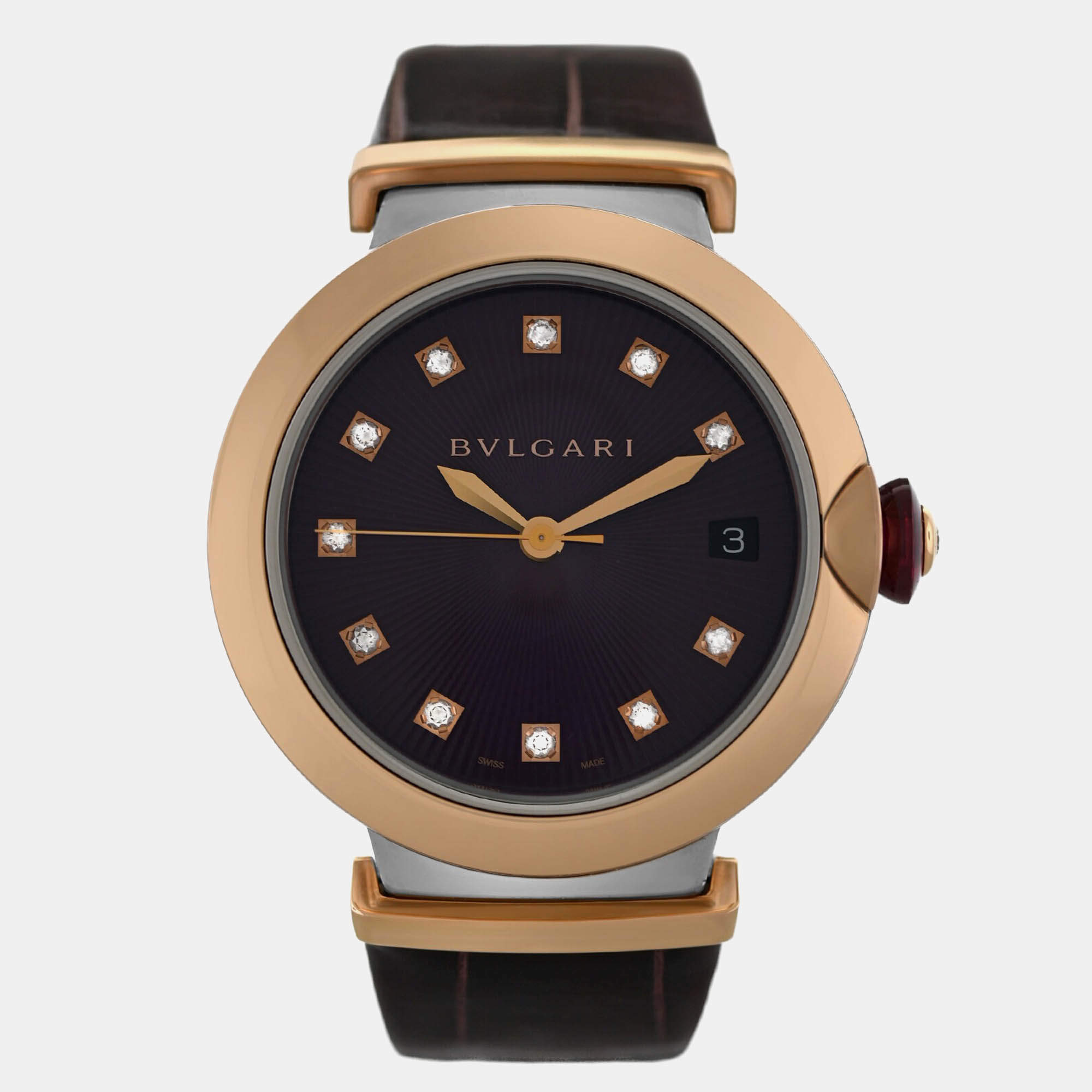 Pre Owned Bvlgari Lvcea LUP36SG Automatic Diamond Burgundy 18K Rose Gold Women’s Wristwatch 36 mm