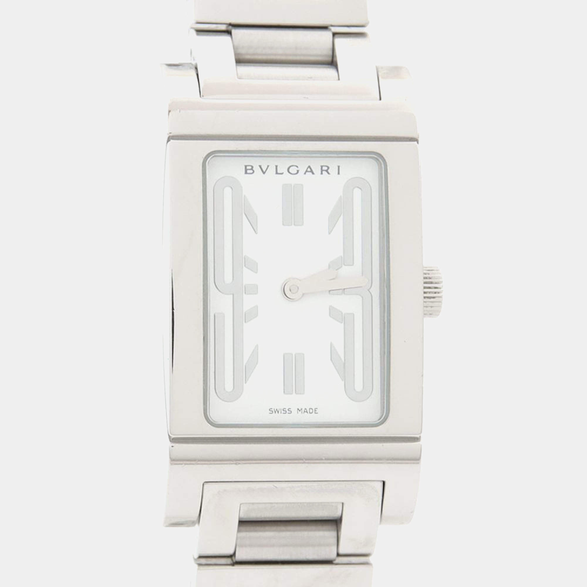 Pre Owned Bvlgari Rettangolo RT39S Quartz White Stainless Steel Women's Wristwatch 21 mm