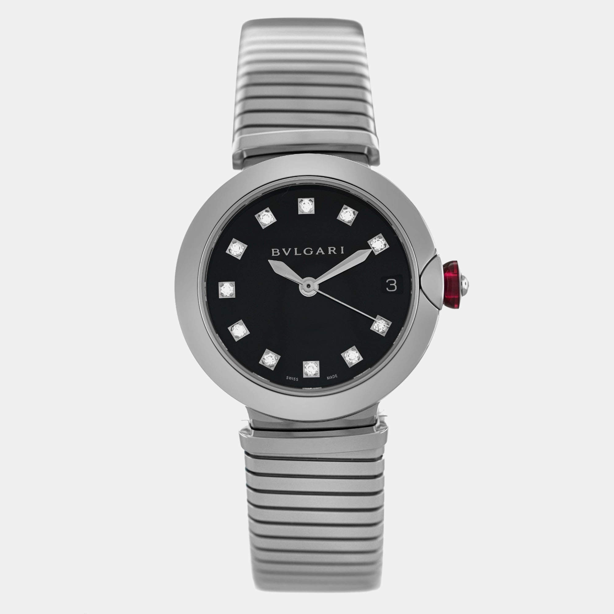 Pre Owned Bvlgari Lvcea LU33S Automatic Black Diamonds Stainless Steel Women's Wristwatch 33 mm