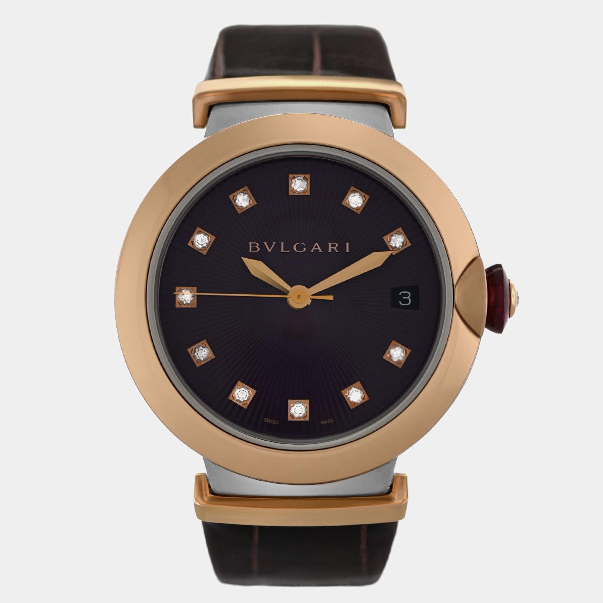 Pre Owned Bvlgari Lvcea LUP36SG Automatic Burgundy 18k Rose Gold Diamonds Women’s Wristwatch 36 mm