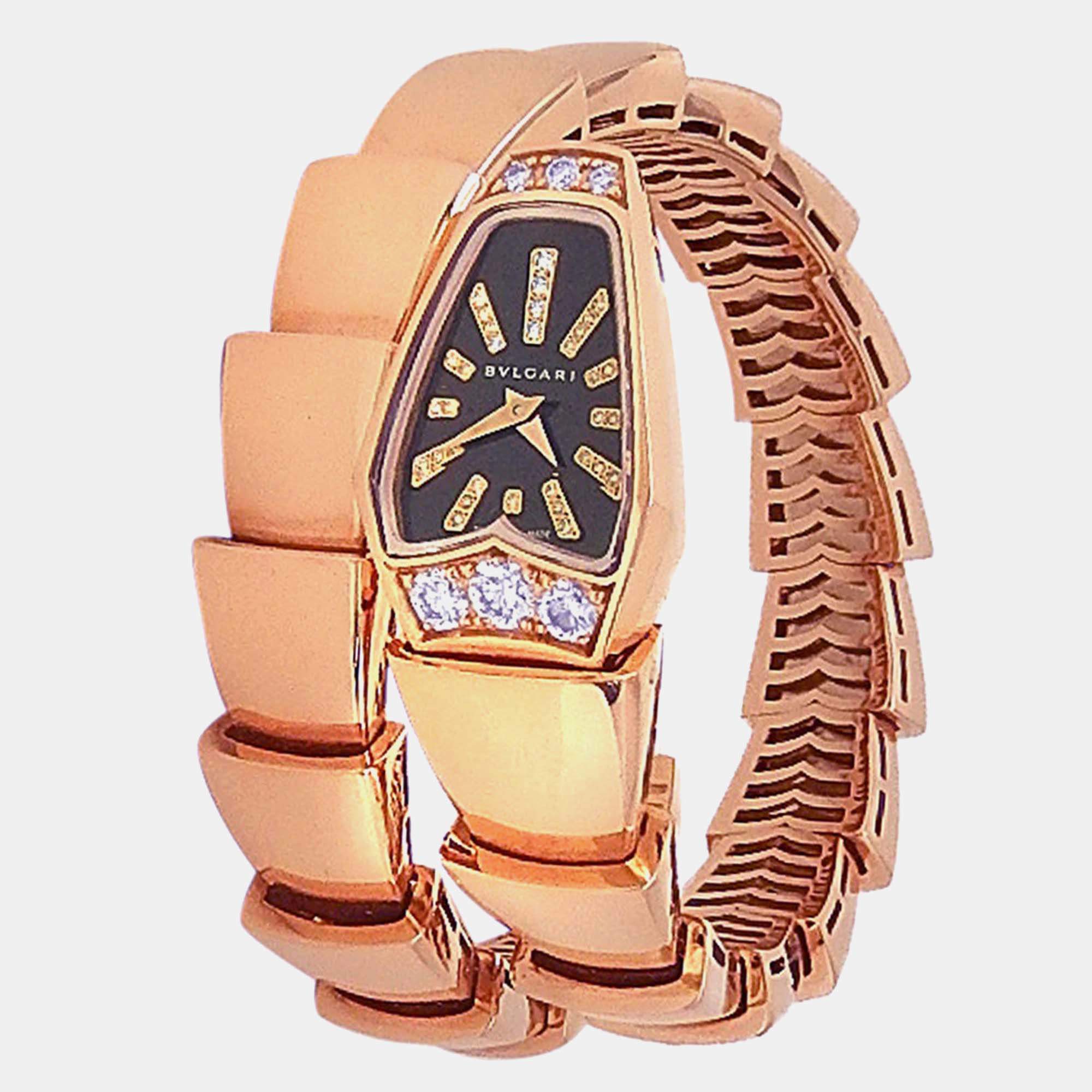 Pre Owned Bvlgari Serpenti Scaglie 101788 Quartz Black Dial 18k Rose Gold Diamonds Women's Wristwatch 26 mm