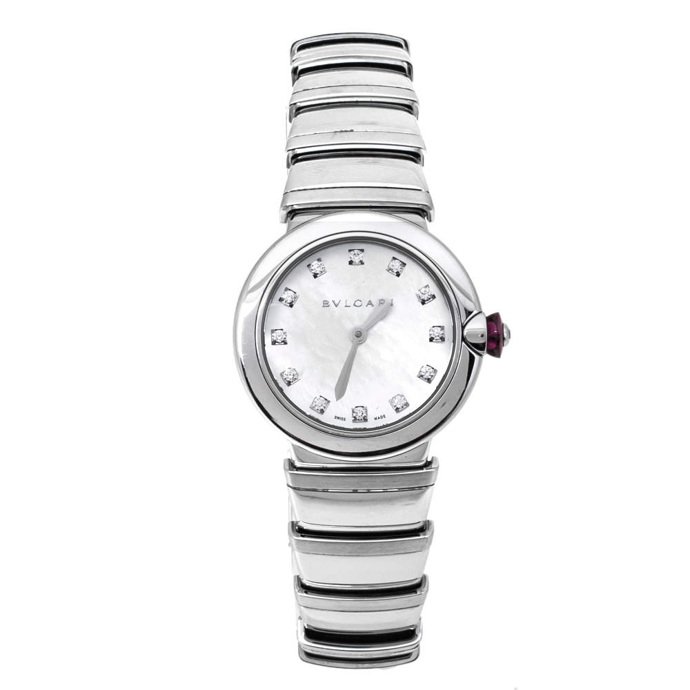 Pre Owned Bvlgari White Mother of Pearl Stainless Steel LVCEA LU28S Women's Wristwatch 28 mm