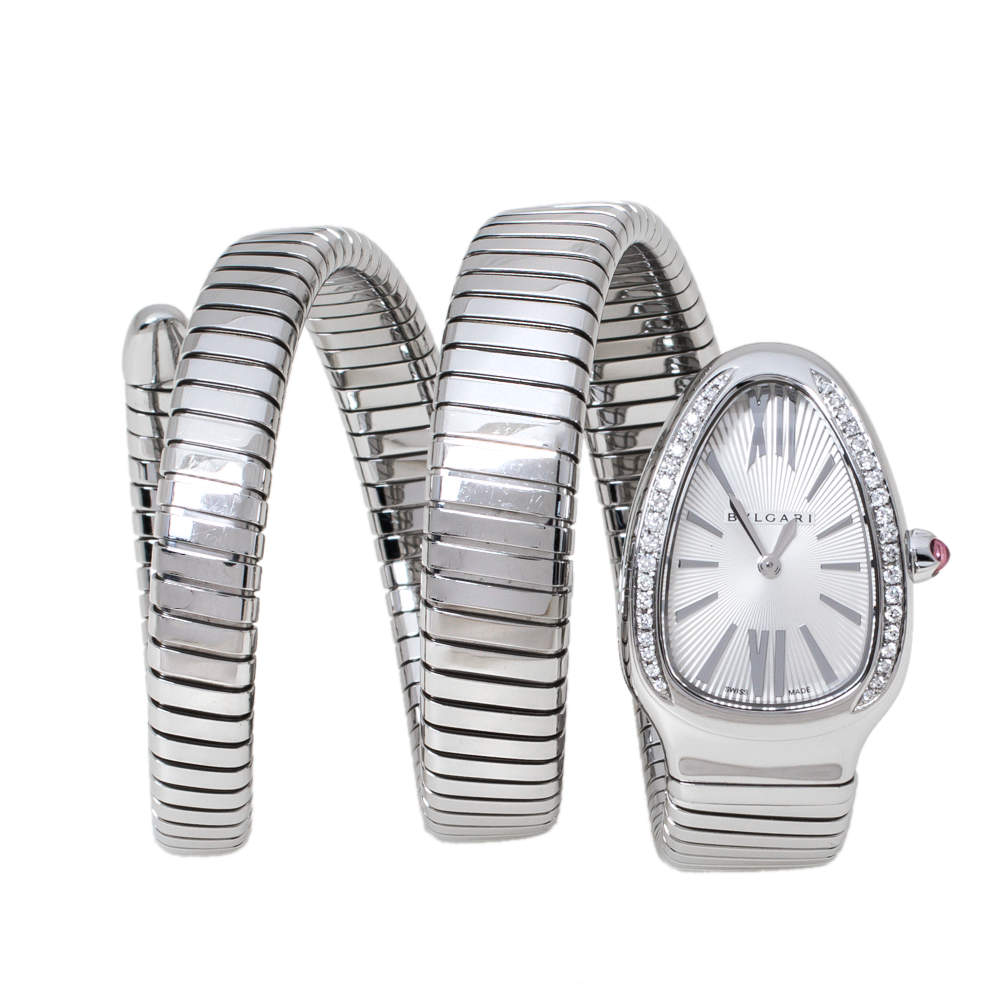Bvlgari Silver Opaline Guilloché Soleil Stainless Steel Diamond Serpenti Tubogas 101910 Women's Wristwatch 35 mm