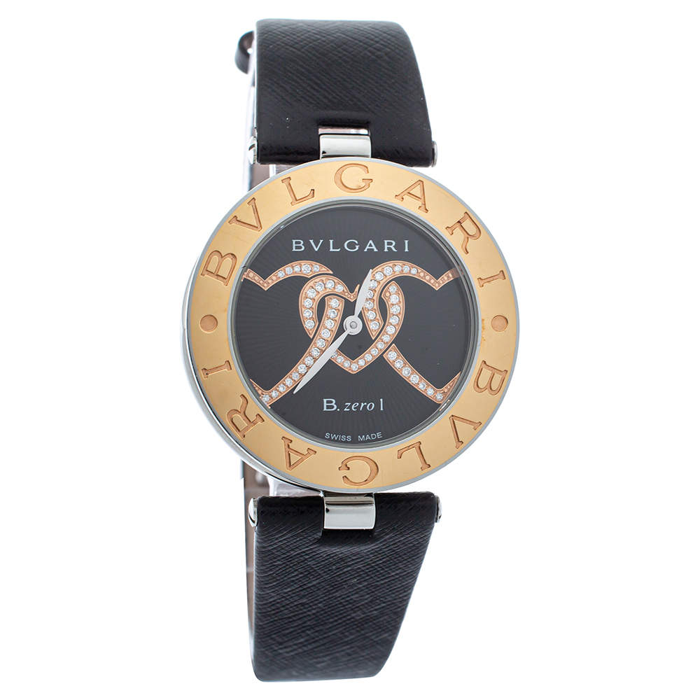 Bvlgari Black 18K Gold Leather Diamonds B.Zero1 BZ P 35 S Quartz Women's Wristwatch 35 MM
