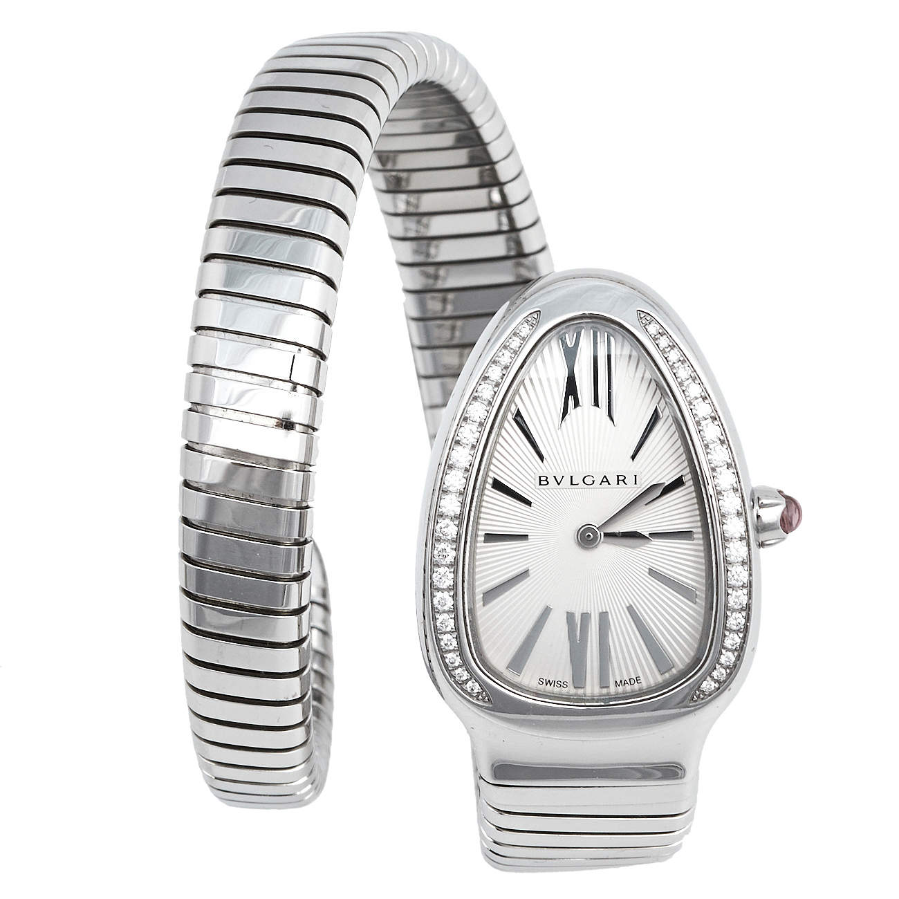 Pre Owned Bvlgari Silver Opaline Guilloché Soleil Stainless Steel Diamond Serpenti Tubogas 101816 Women's Wristwatch 23 mm