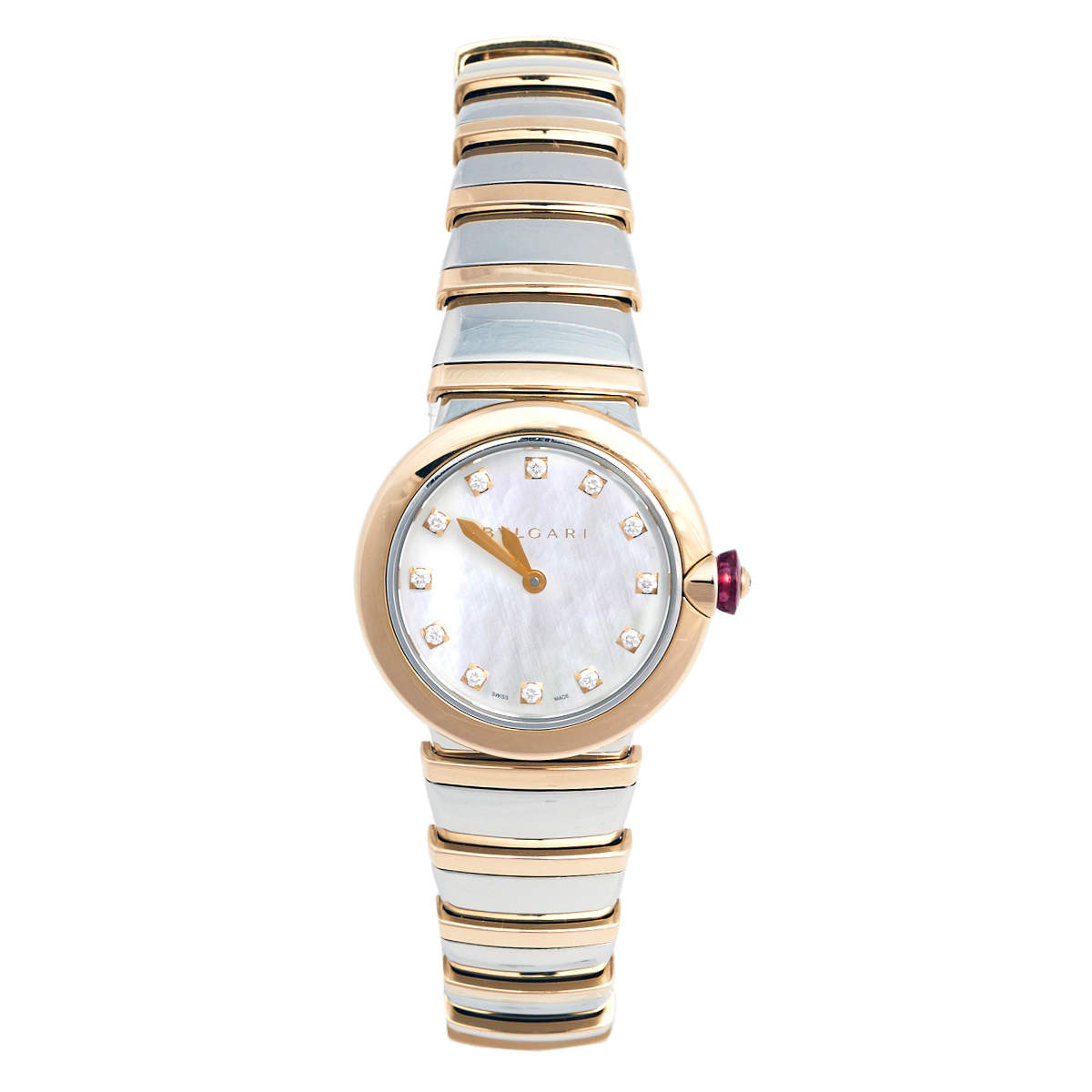 Pre Owned Bvlgari Mother of Pearl Diamond 18K Rose Gold Stainless Steel Lvcea 102194 Women's Wristwatch 28 mm