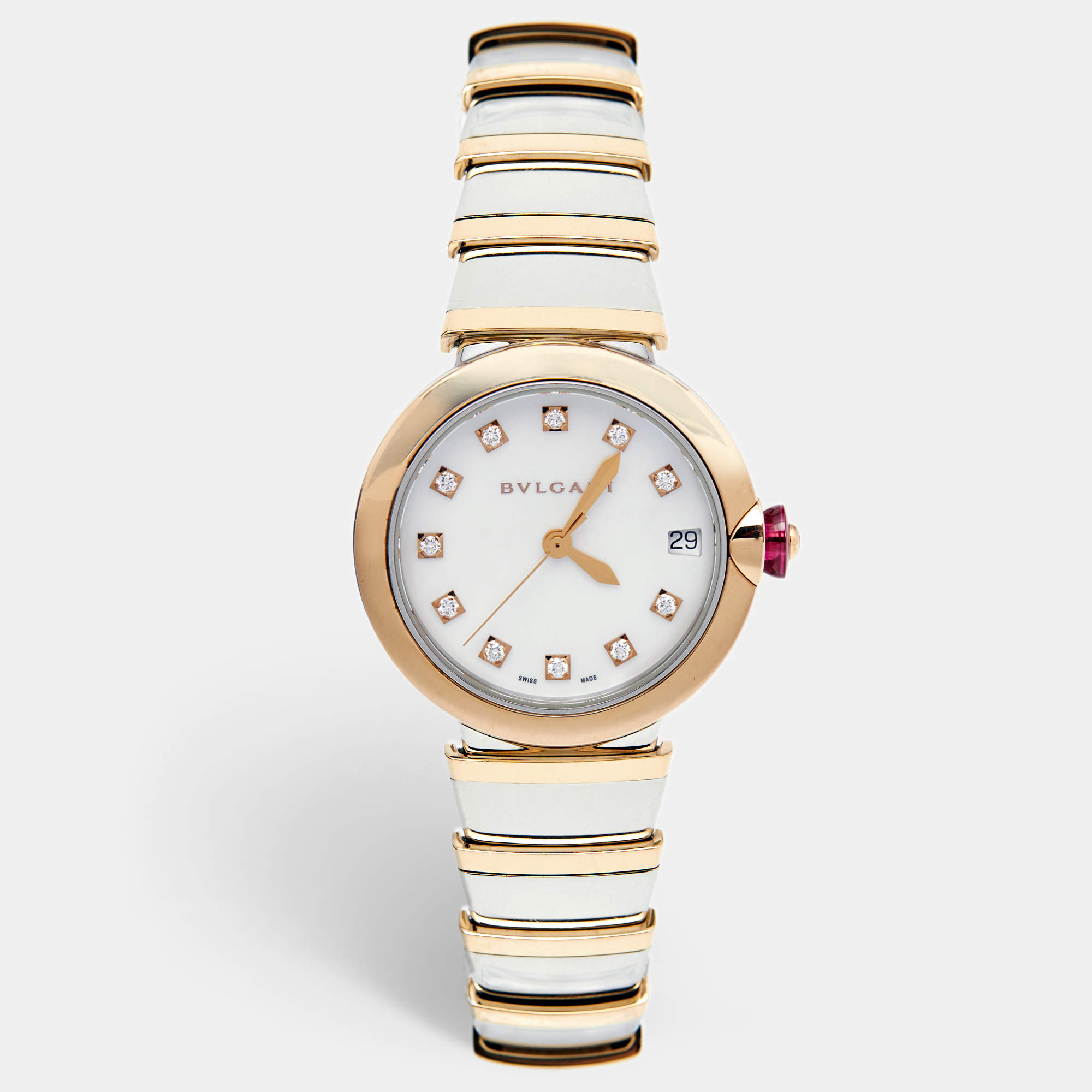 Pre Owned Bvlgari Mother of Pearl Diamond 18k Rose Gold Stainless Steel Lvcea 102198 Women's Wristwatch 33 mm