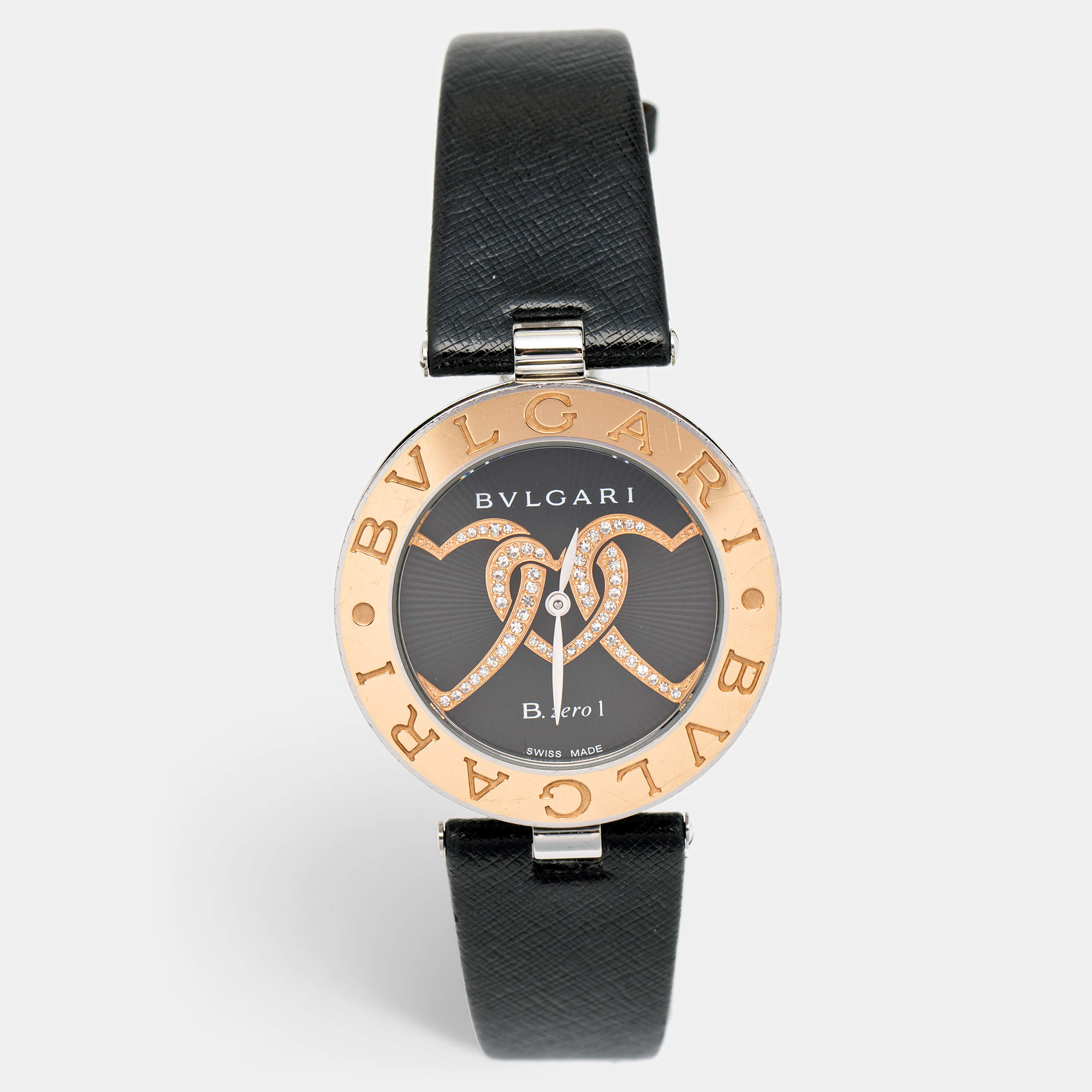 Bvlgari Black Interlocking Heart Motif 18K Rose Gold Stainless Steel Diamond Leather B.Zero1 BZP35S Womens' Wristwatch 35 mm