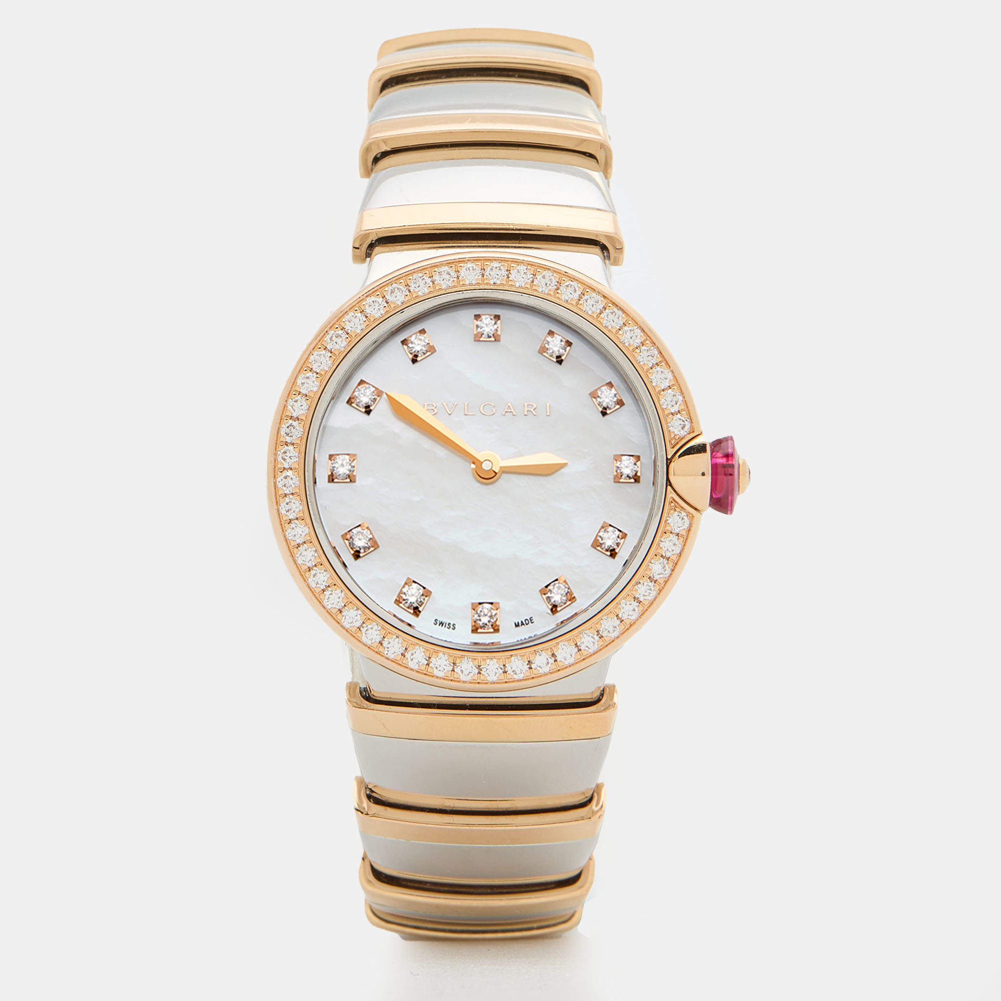 Pre Owned Bvlgari Mother of Pearl 18k Rose Gold Stainless Steel Lvcea 102475 Women's Wristwatch 28 mm 