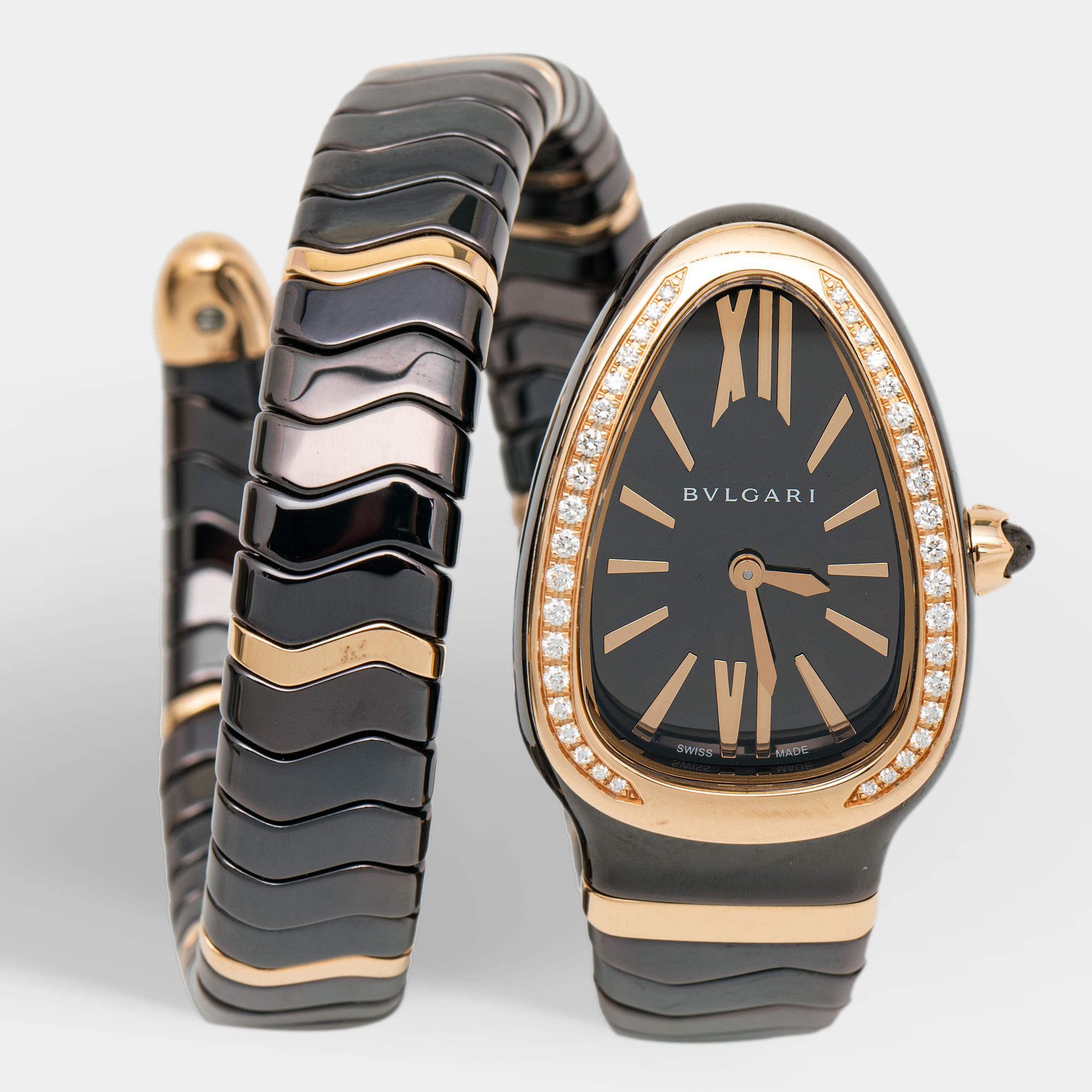 Pre Owned Bvlgari Brown 18k Rose Gold Ceramic Diamond Serpenti Spiga 103060 Women's Wristwatch 35 mm