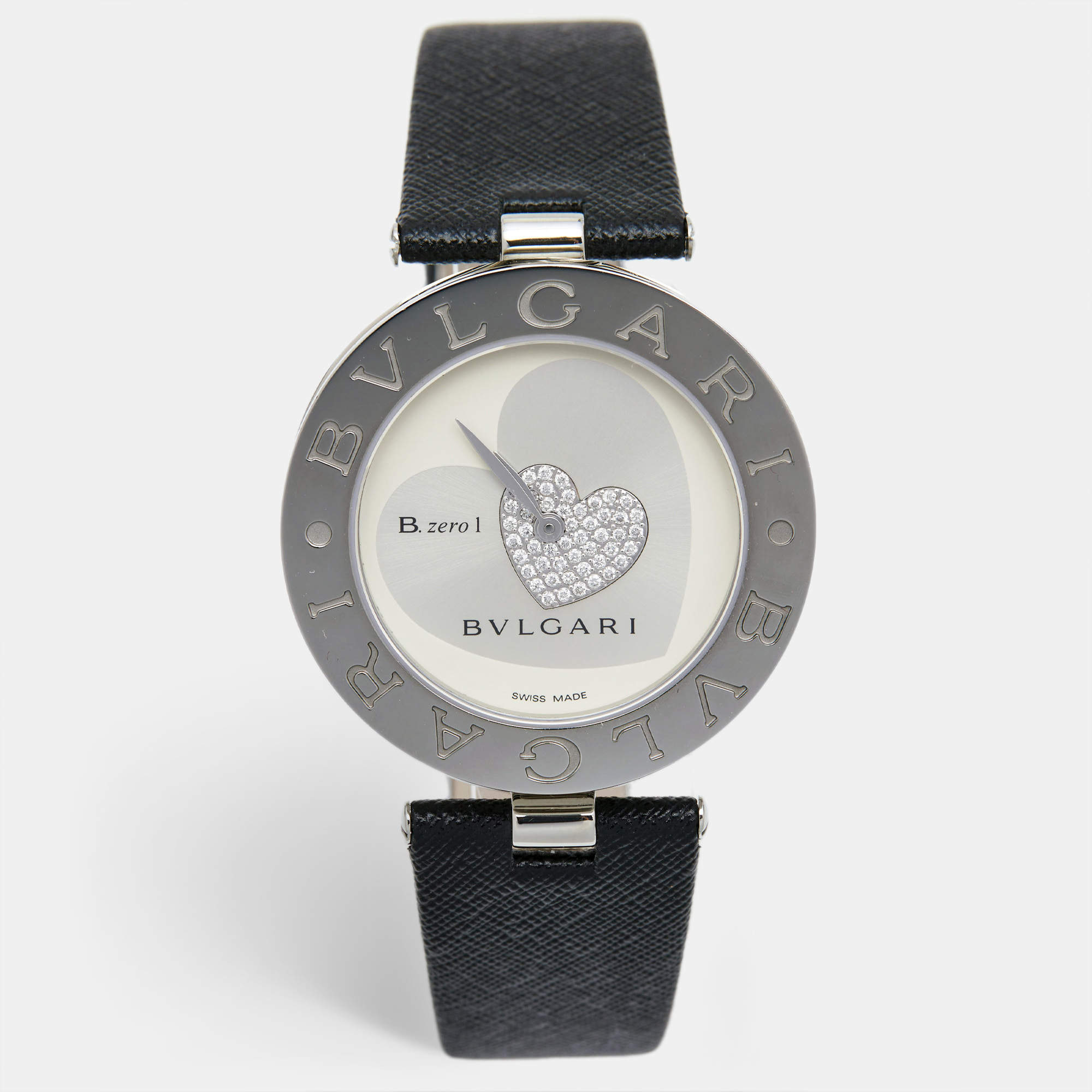 Pre Owned Bvlgari SIlver Heart Diamond Pave Stainless Steel Leather B.Zero1 BZ 35 S Women's Wristwatch 35 mm