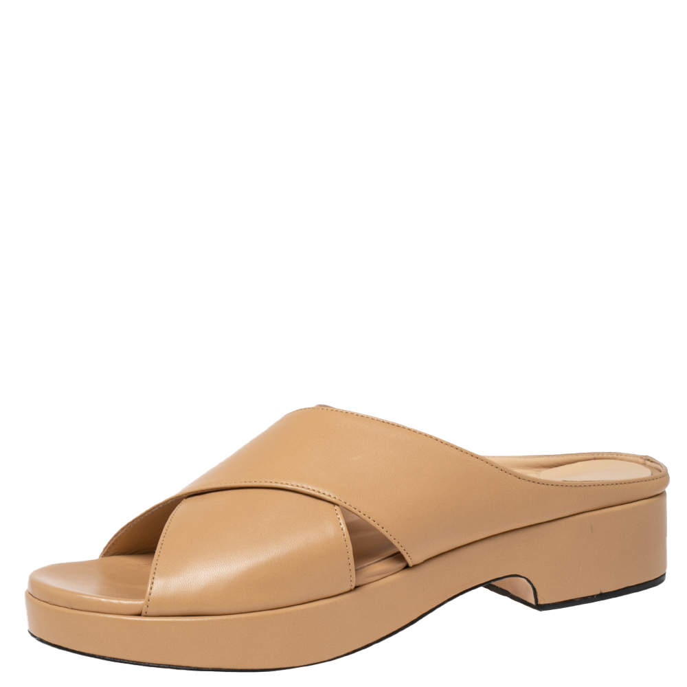 Pre Owned By Far Nude Leather Iggy Slide Sandals Size 38