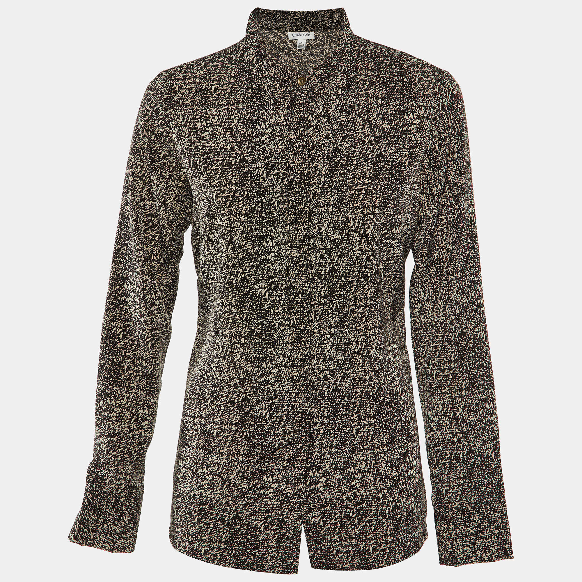 Pre Owned Calvin Klein Black Printed Polyester Neck Tie Detail Shirt M