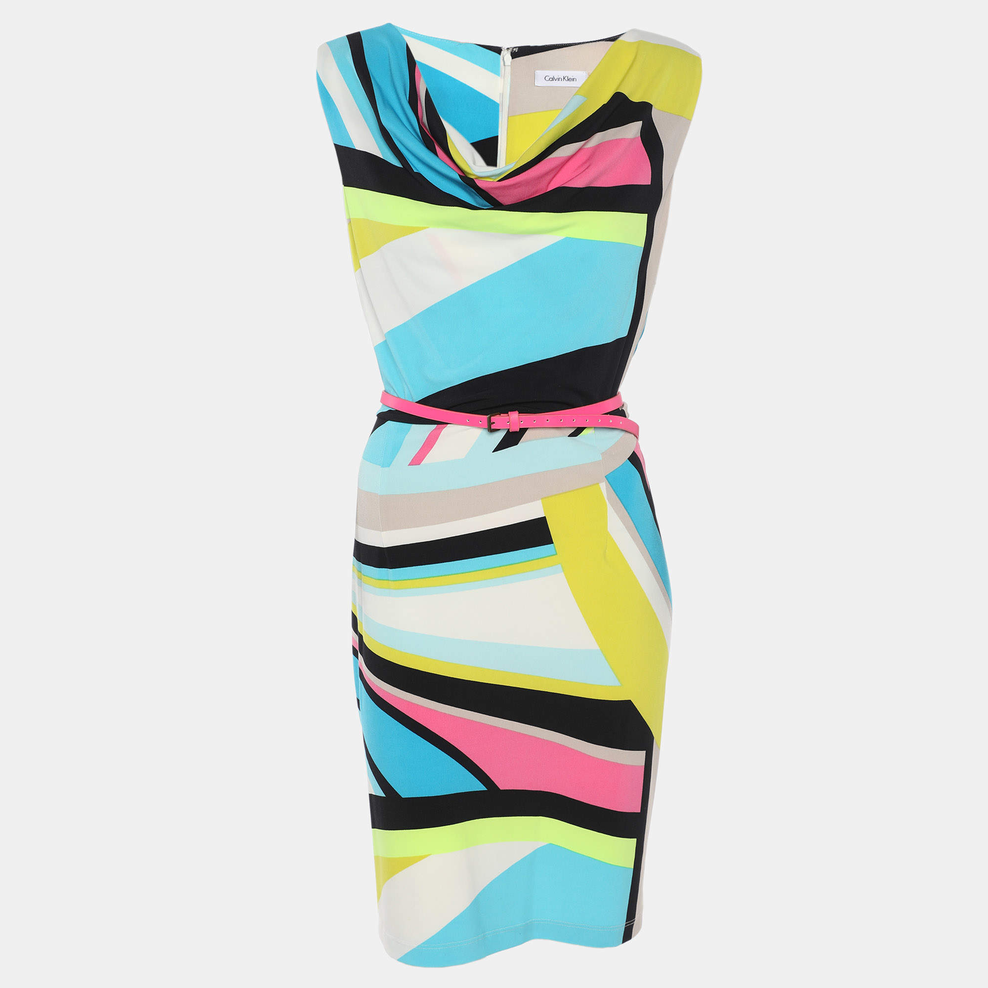 Pre Owned Calvin Klein Multicolor Printed Jersey Sleeveless Belted Mini Dress L