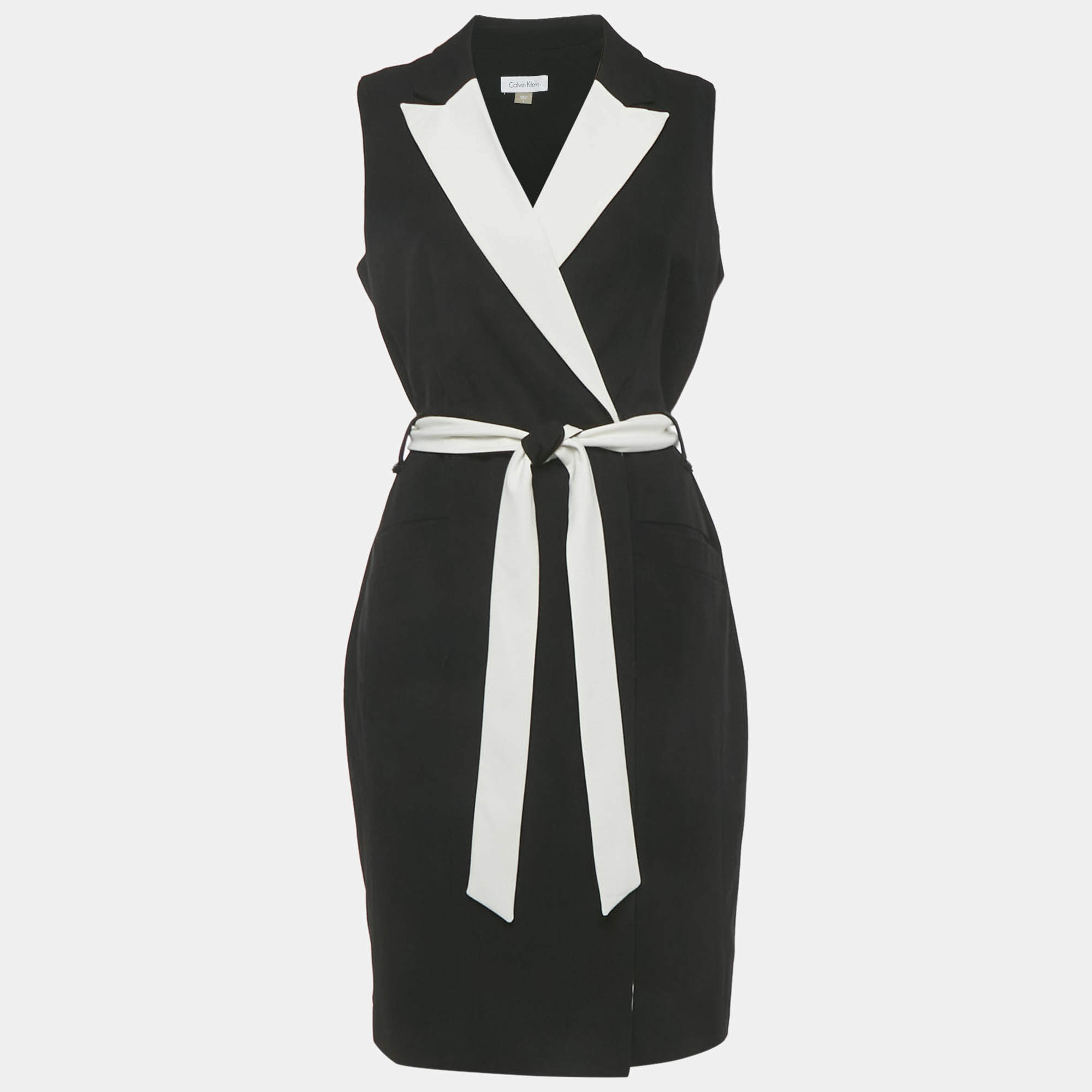 Pre Owned Calvin Klein Black Crepe Belted Sleeveless Short Dress S