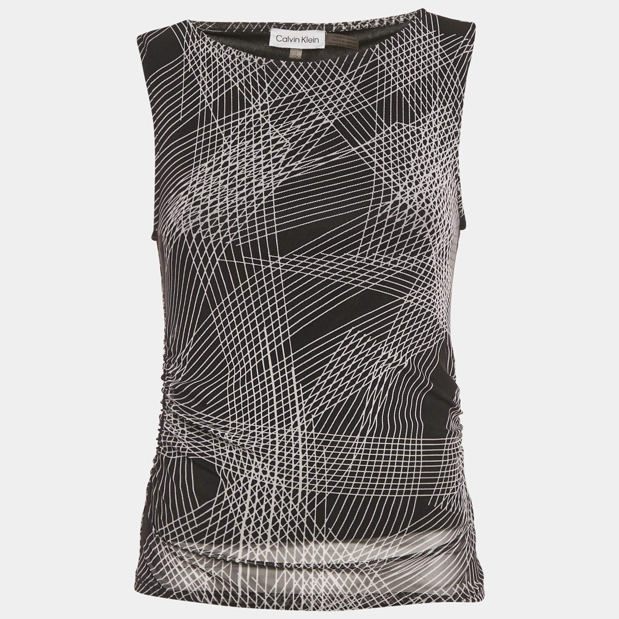 مملوكة مسبقًا توب كالفن كلاين شبكي مطبوع أسود بدون أكمام مقاس صغير