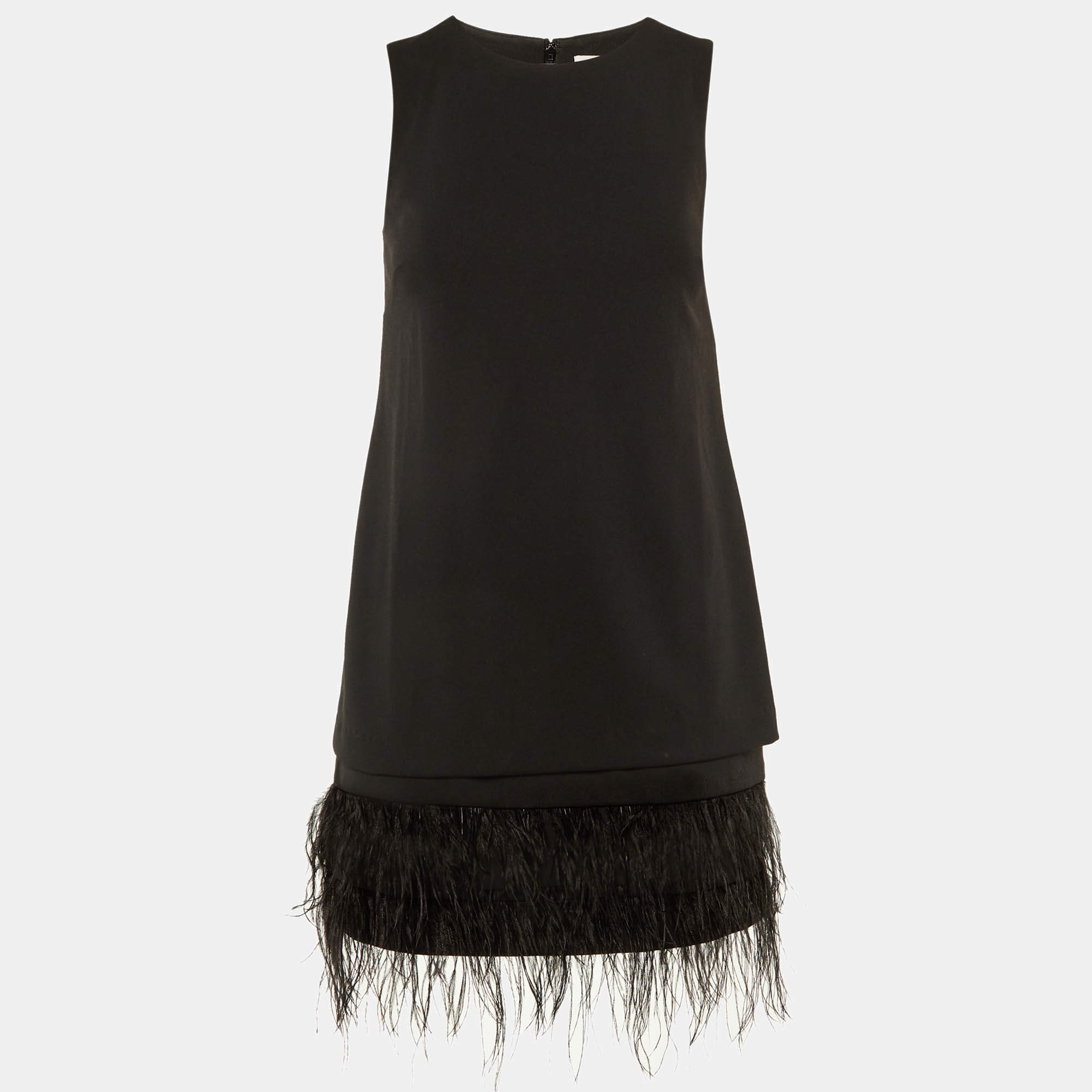 Pre Owned Calvin Klein Black Crepe Feather Trim Sheath Dress S