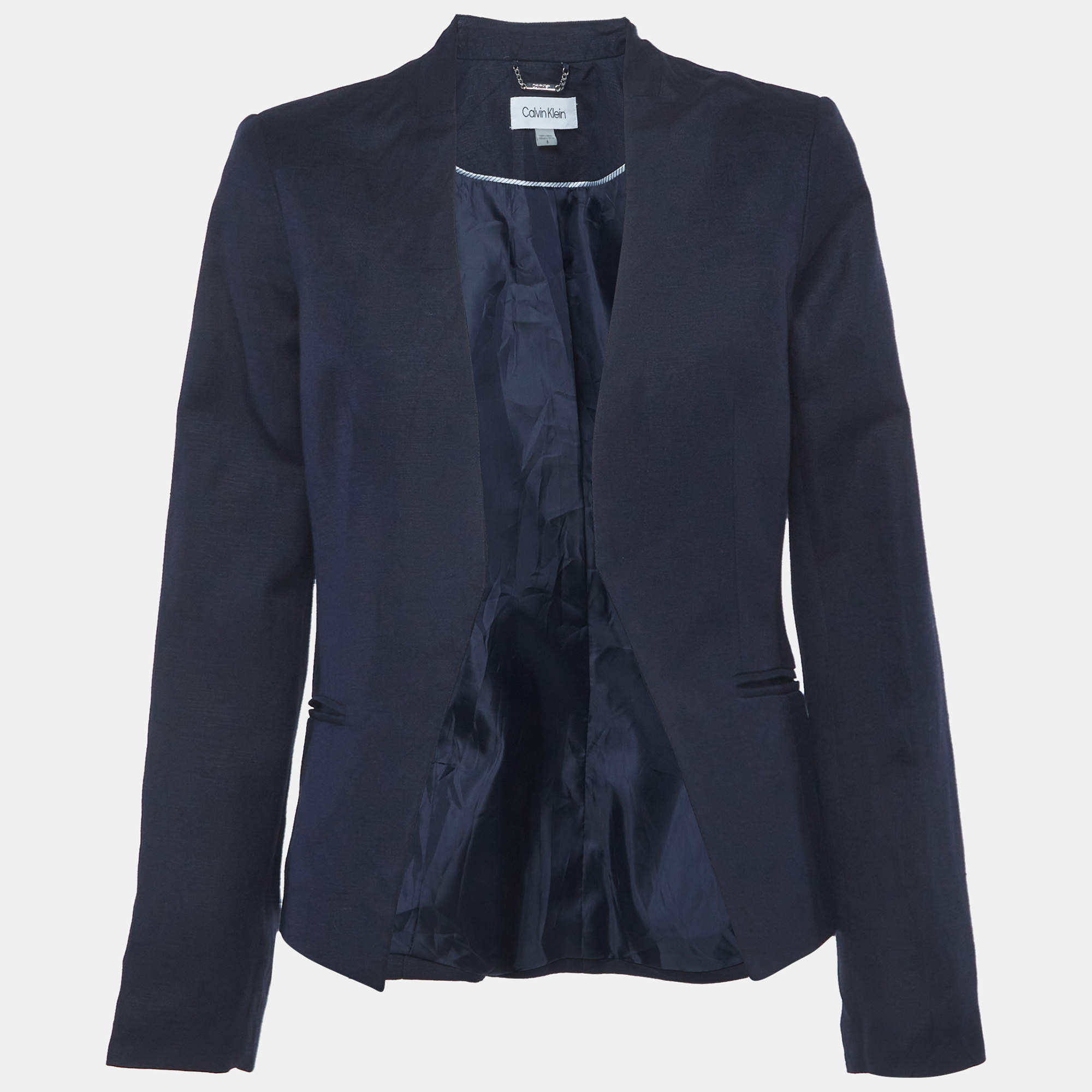 Pre Owned Calvin Klein Navy Blue Linen Blend Open-Front Blazer M
