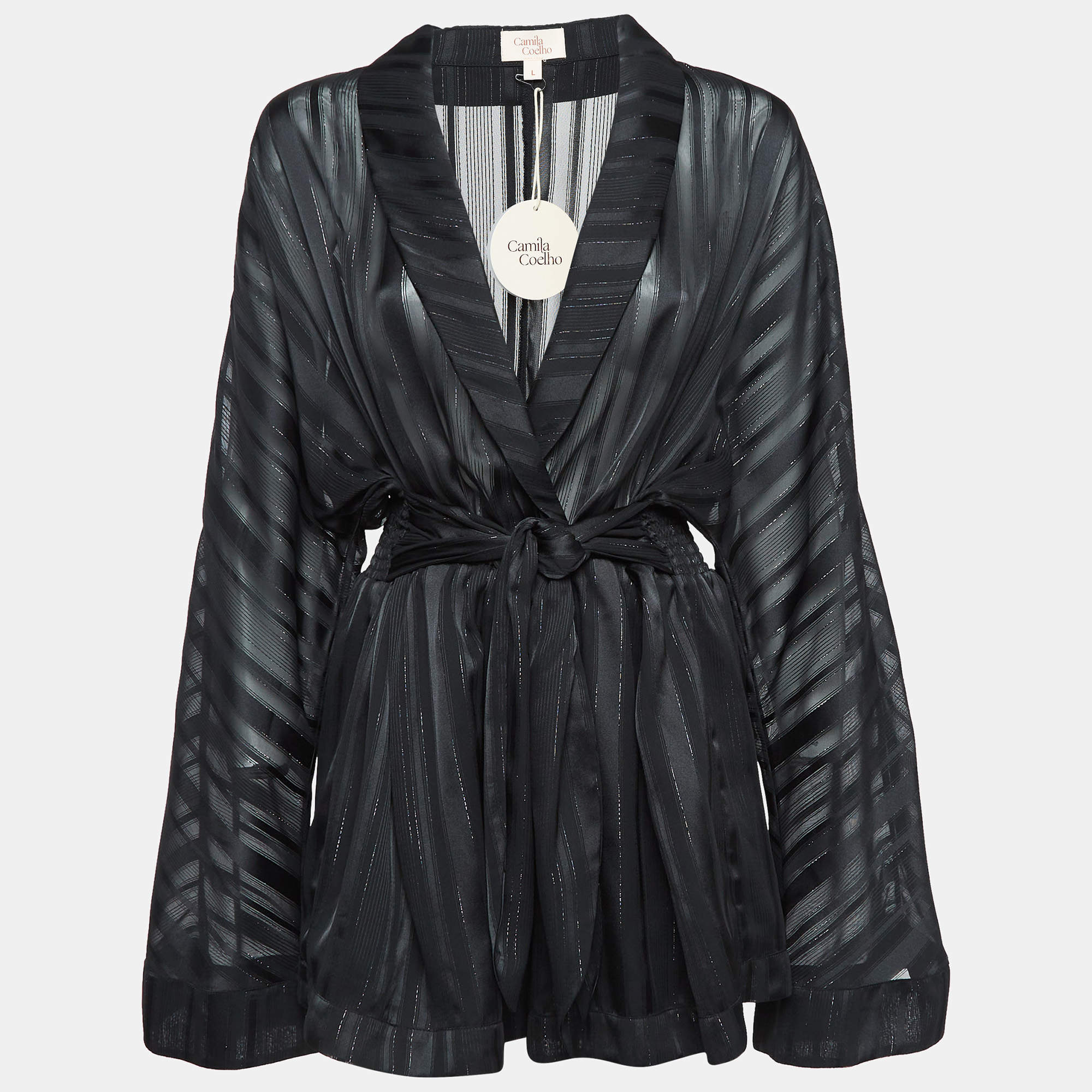 Camila Coelho Black Stripe Lurex Satin Amelia Playsuit L