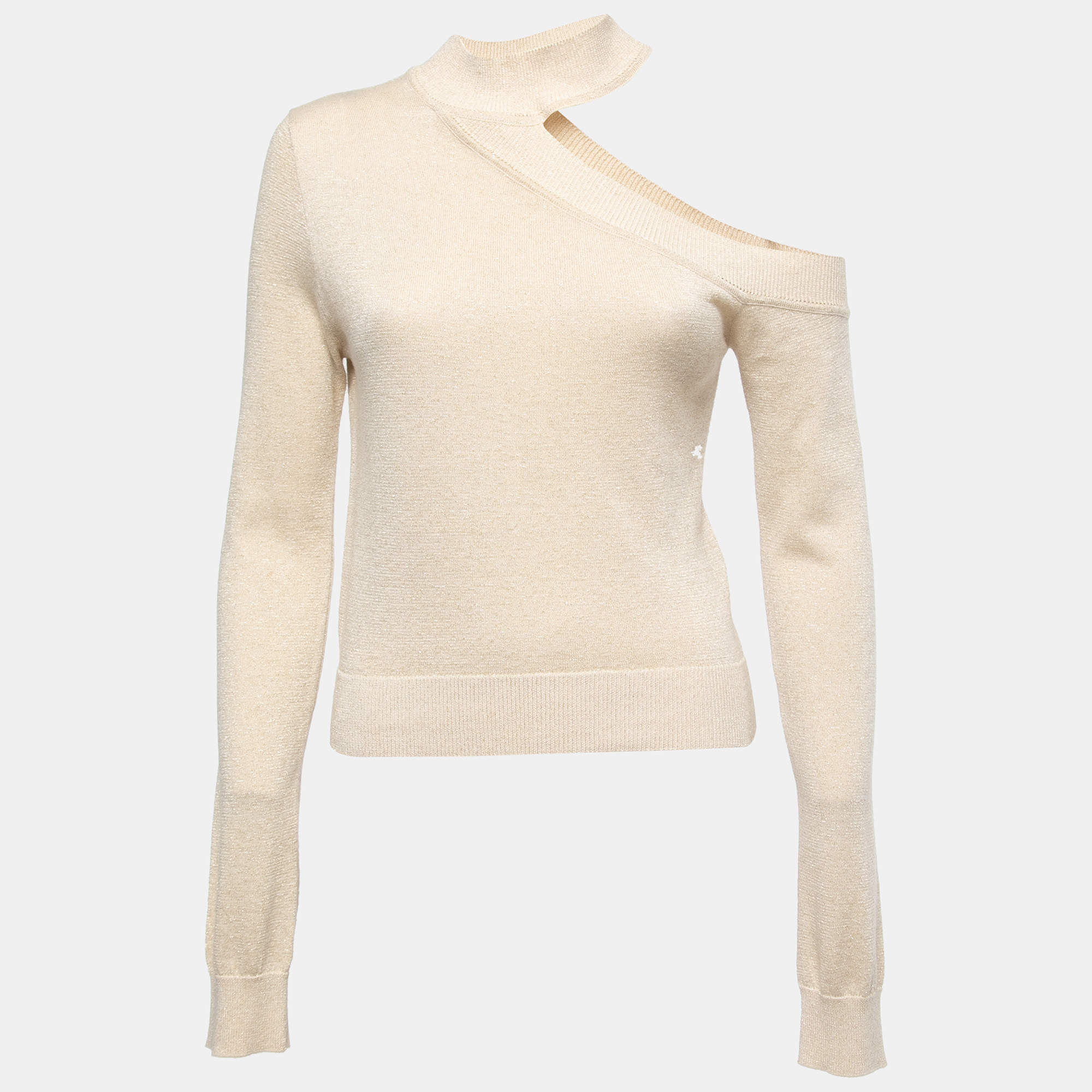 Pre Owned Camila Coelho Cream Lurex Knit Shoulder Cutout Detail Bexley Sweater Top M