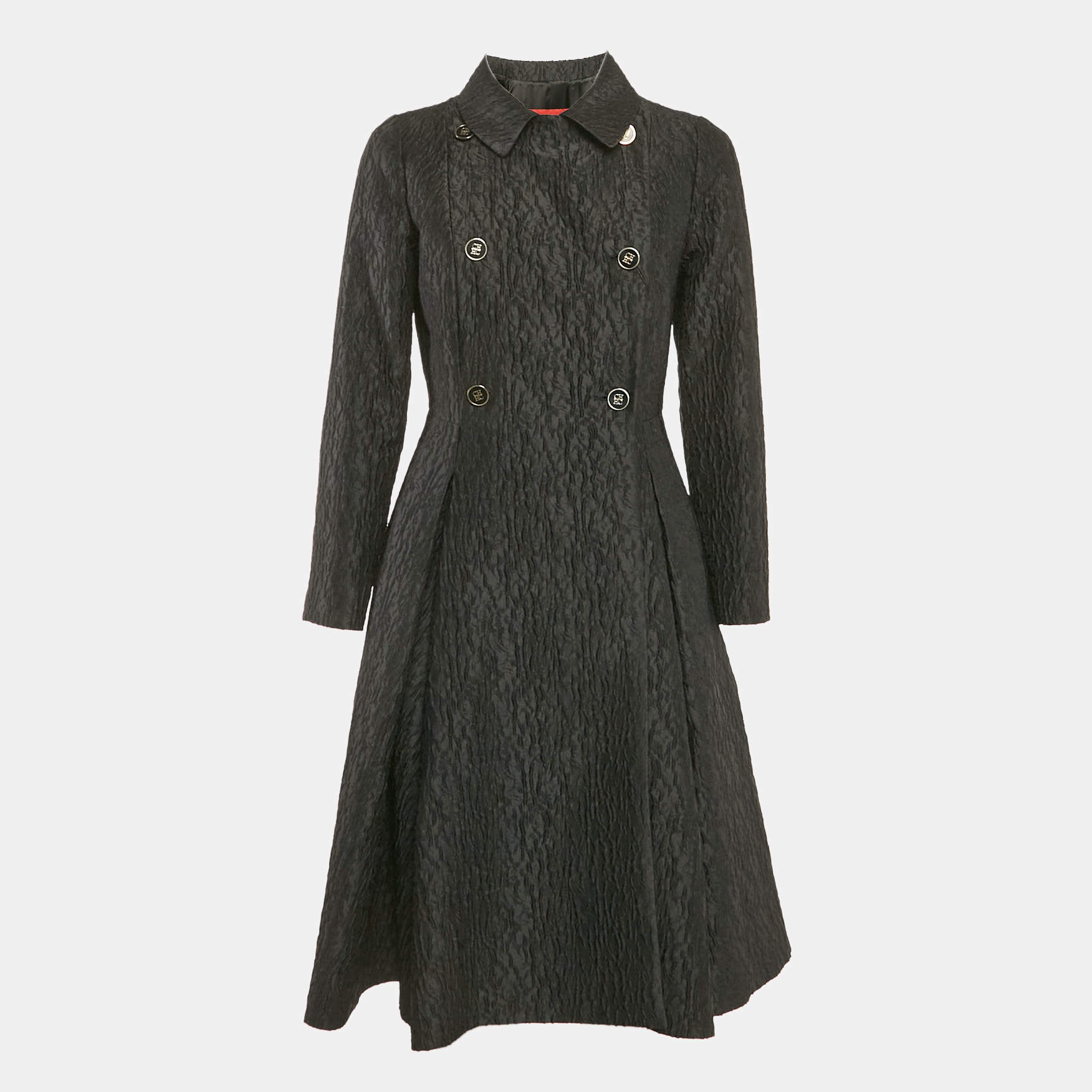 Pre Owned Carolina Herrera Black Textured Crepe Double Breasted Mid-Length Coat S