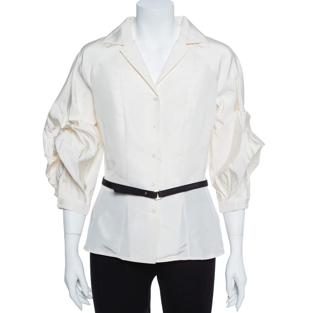 Pre Owned Carolina Herrera Ivory White Silk Faille Blouse M